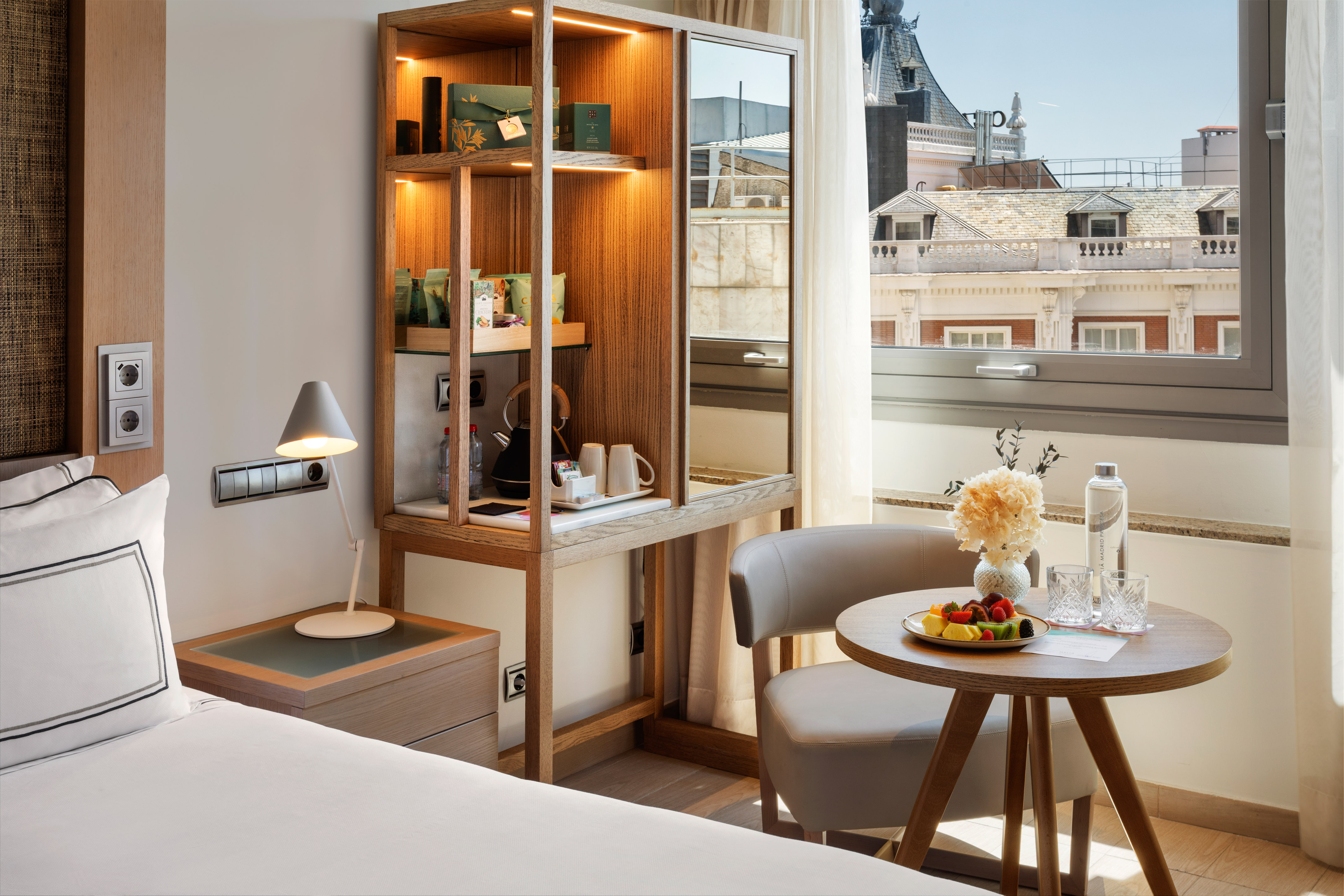 a room with a table and chairs