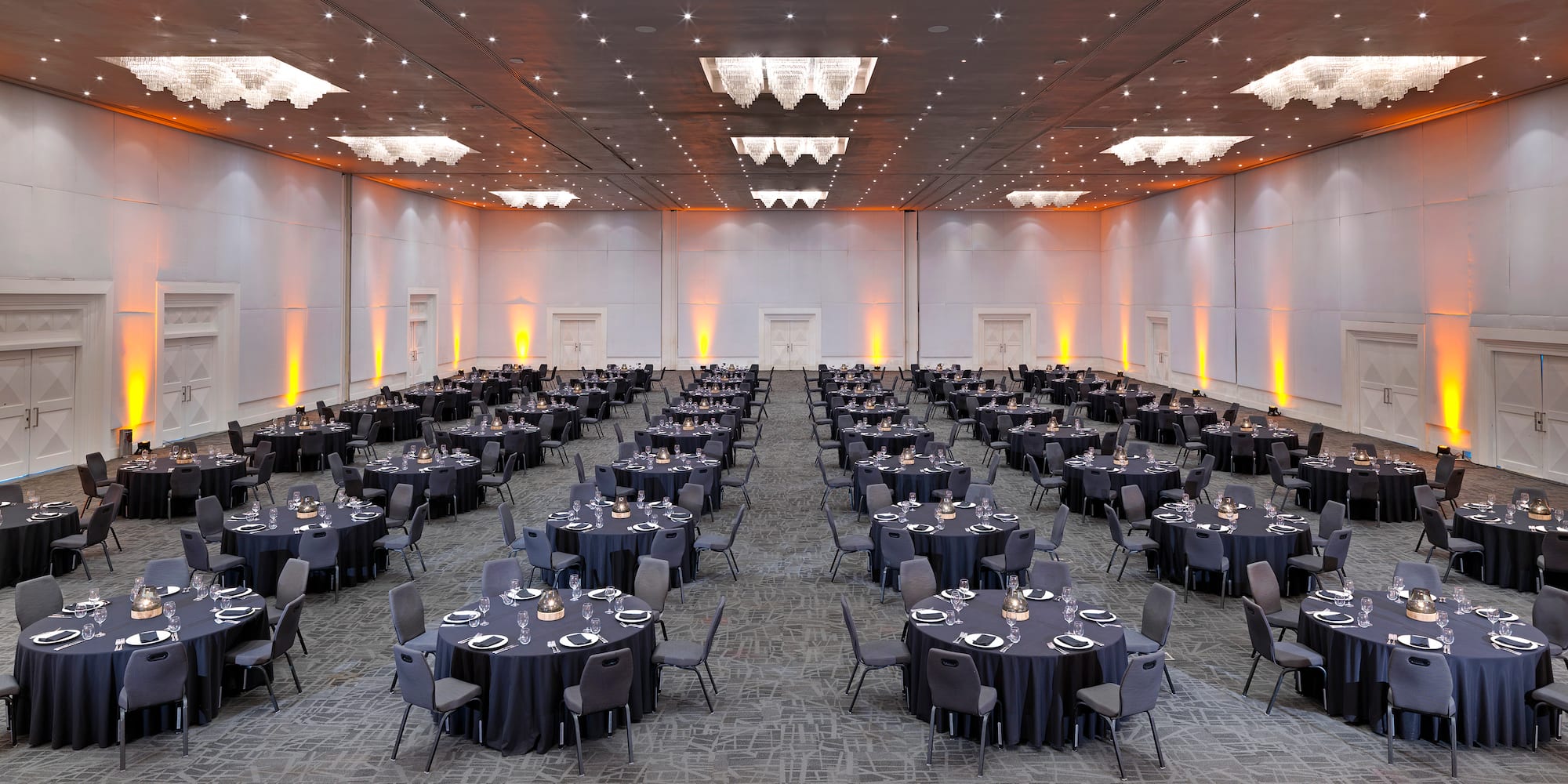 a large room with tables and chairs