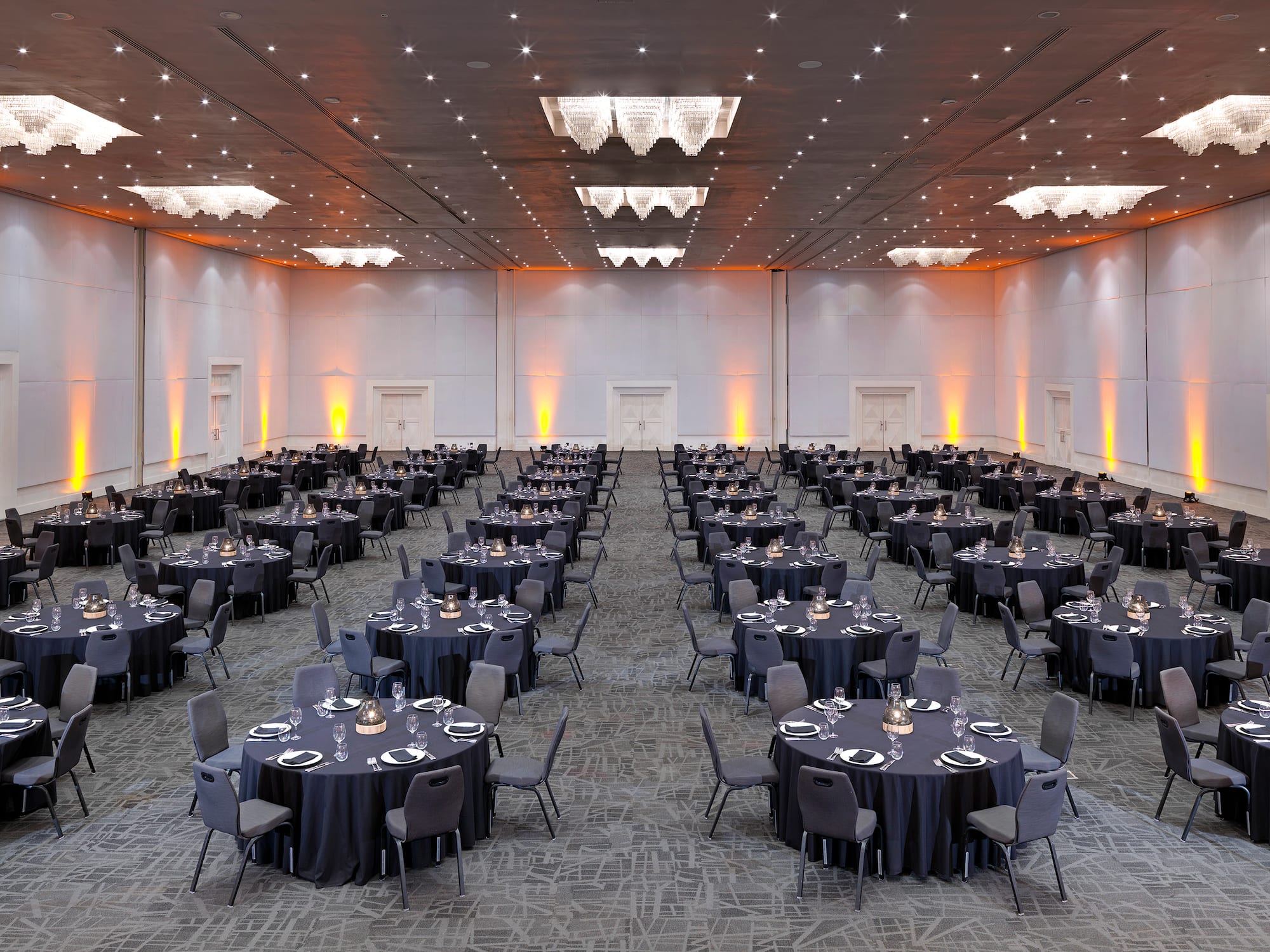 a large room with tables and chairs