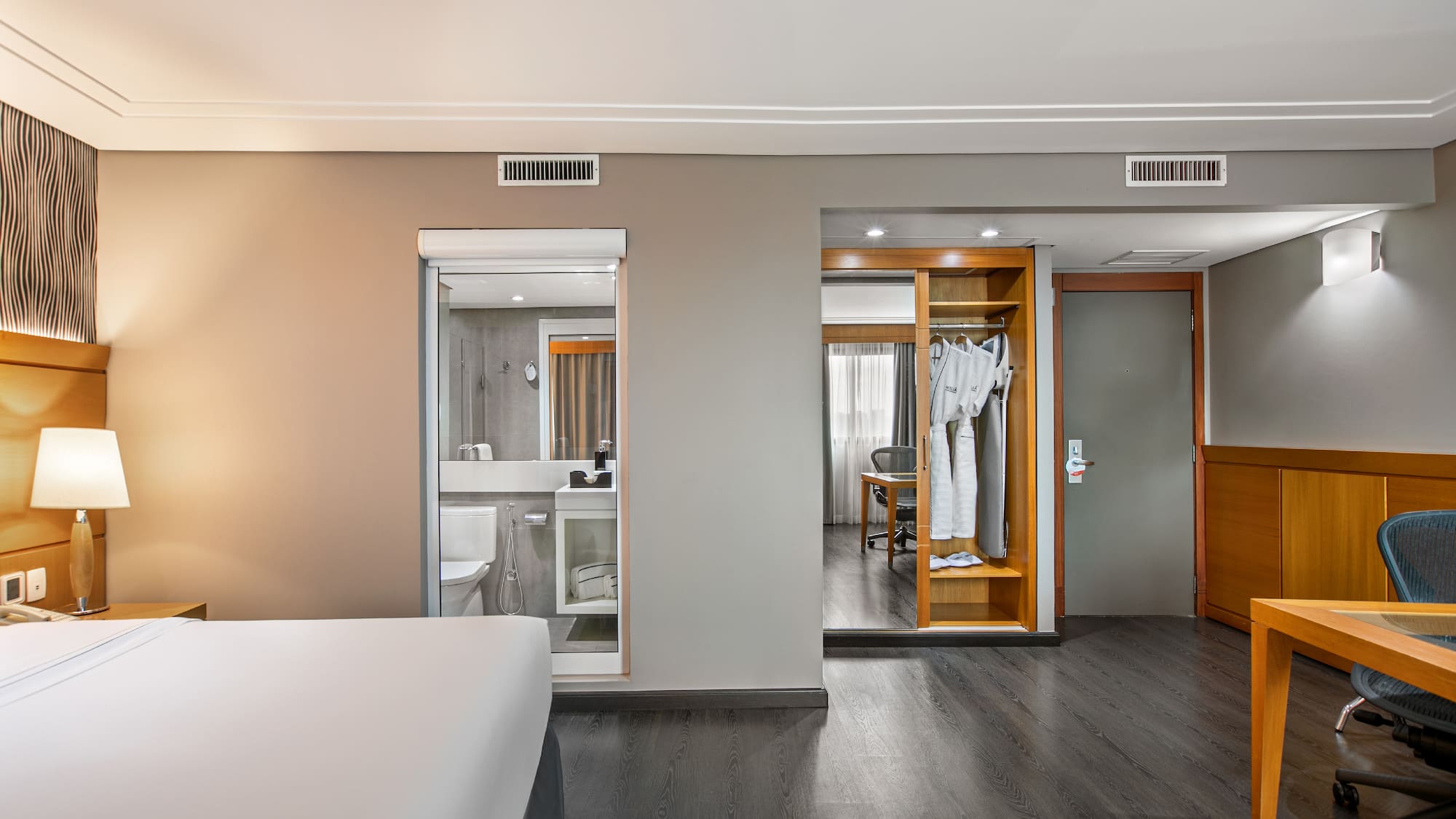 a room with a bed and a closet