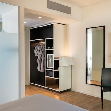 a room with a mirror and a closet