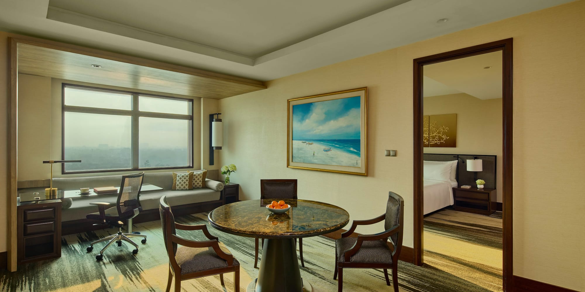 a room with a table and chairs