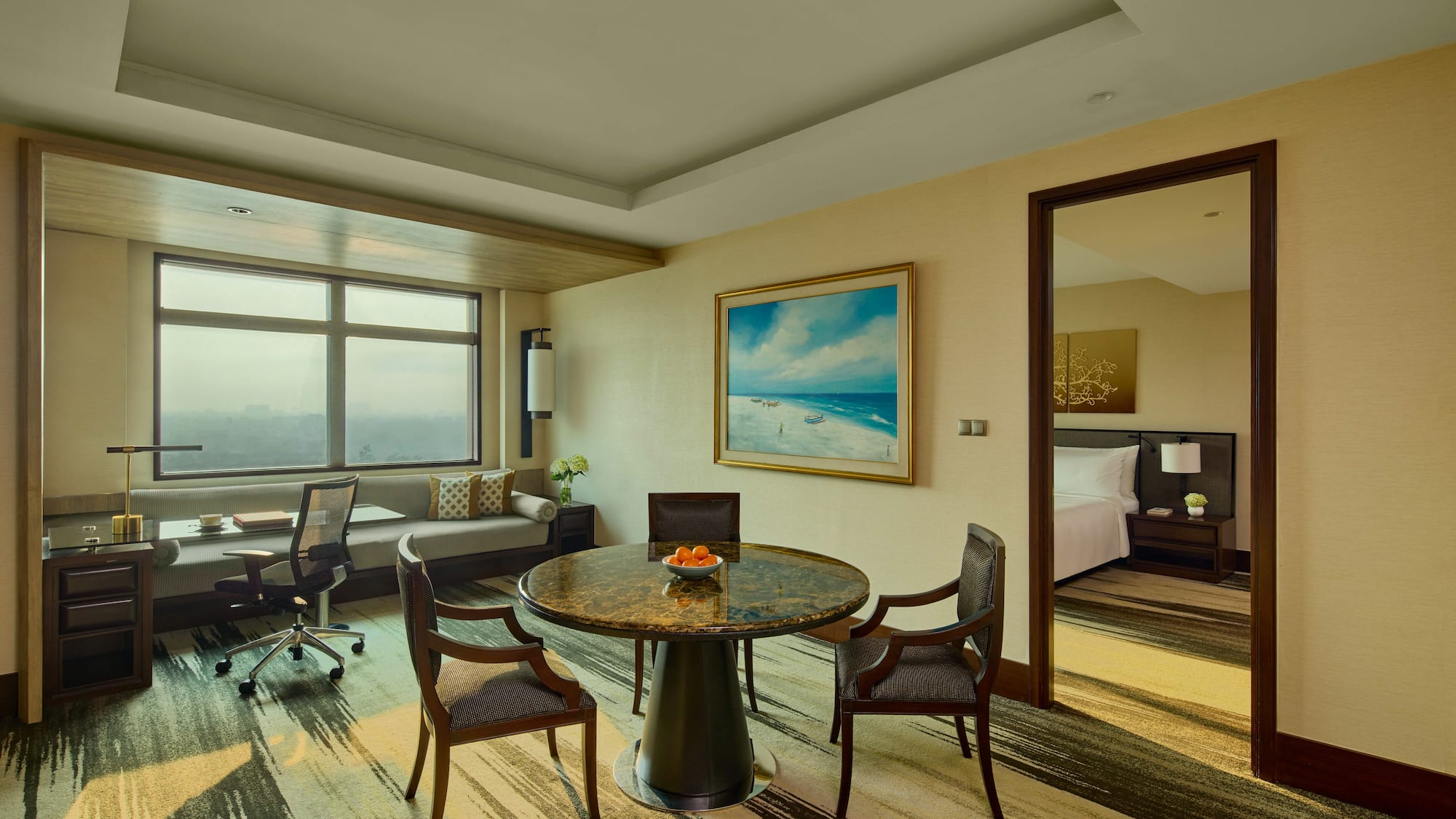 a room with a table and chairs