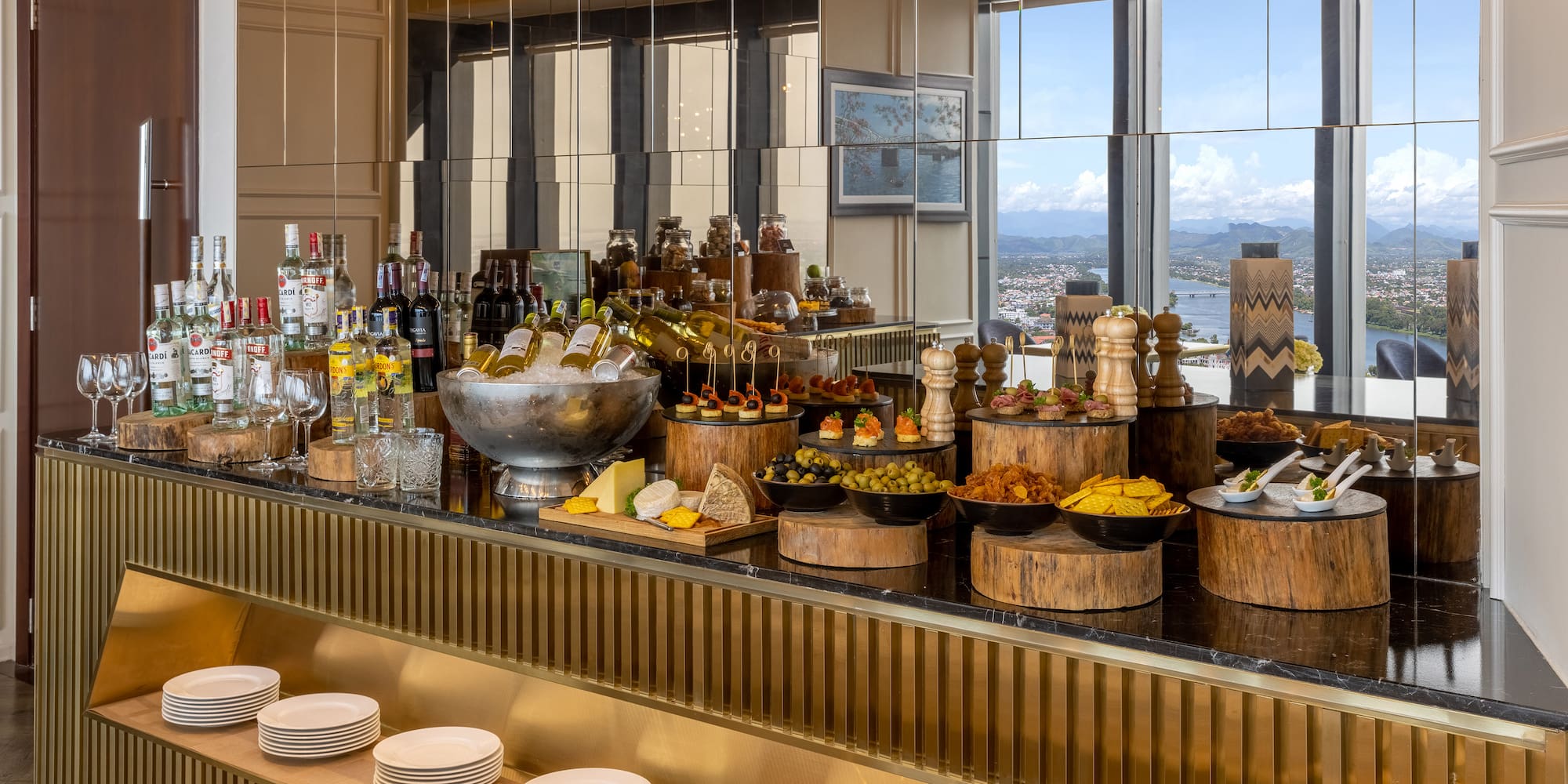a buffet with food on the counter