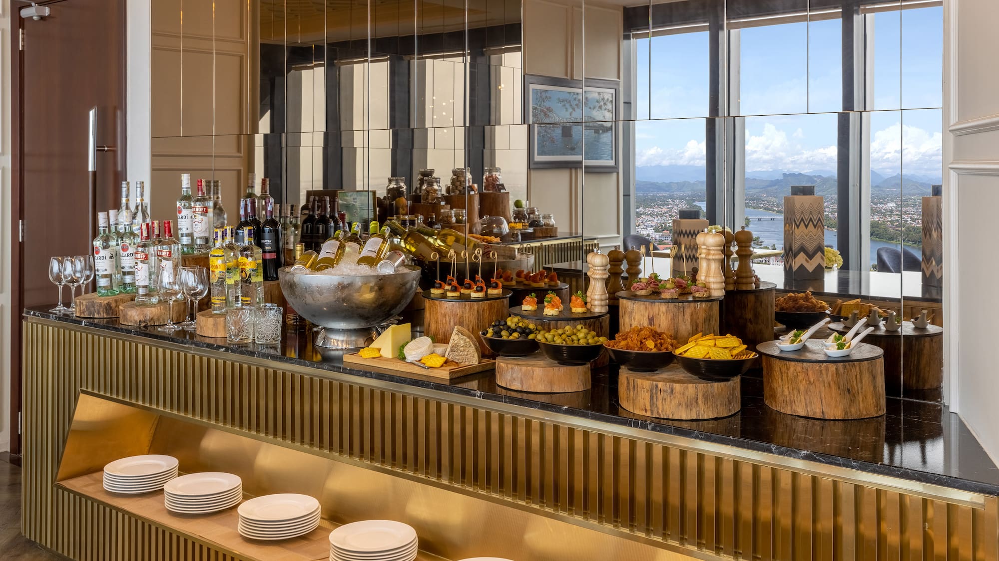 a buffet with food on the counter