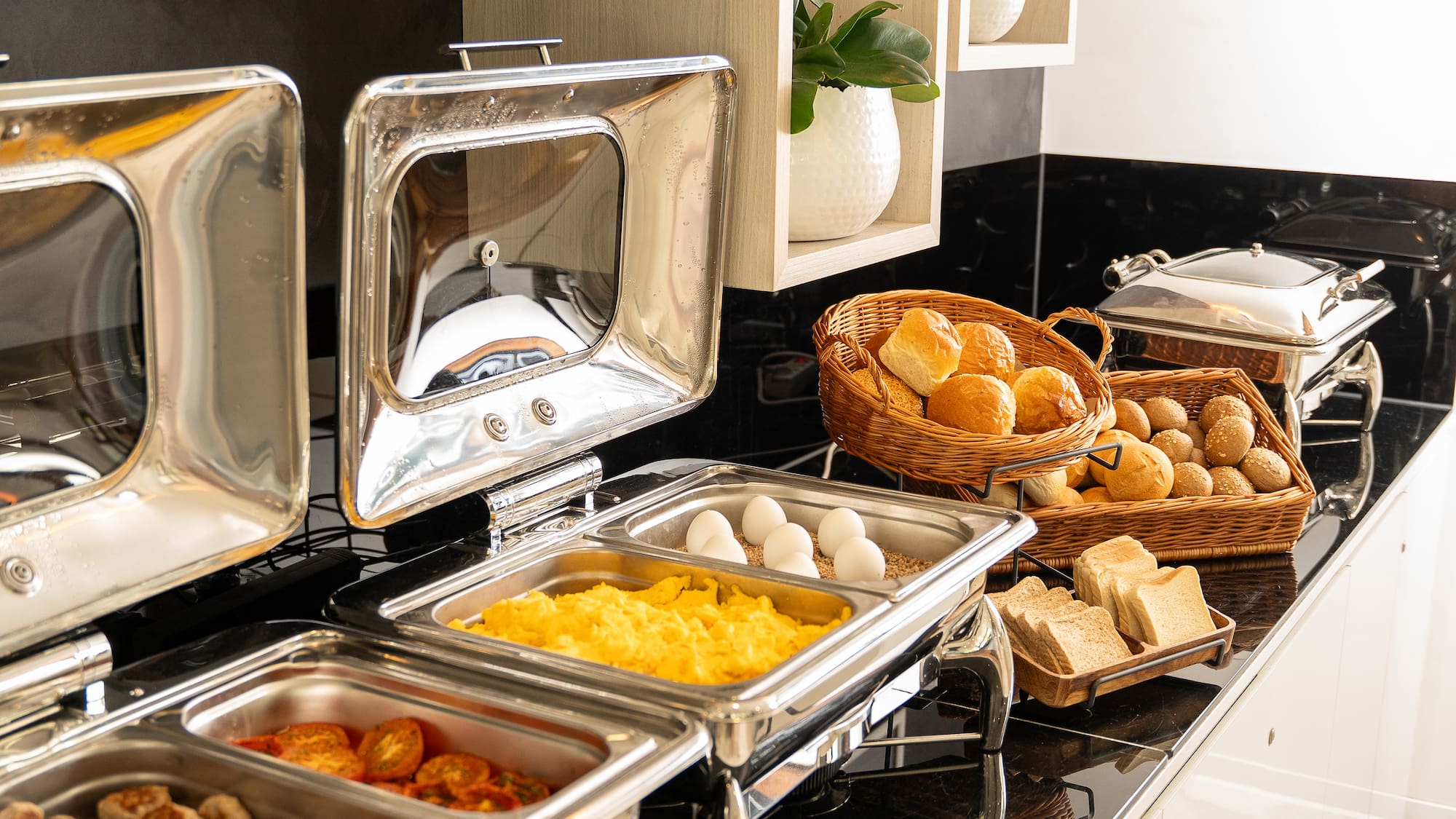 food in a buffet line