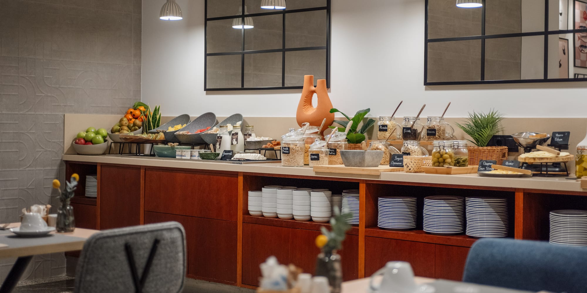 a buffet table with food on it