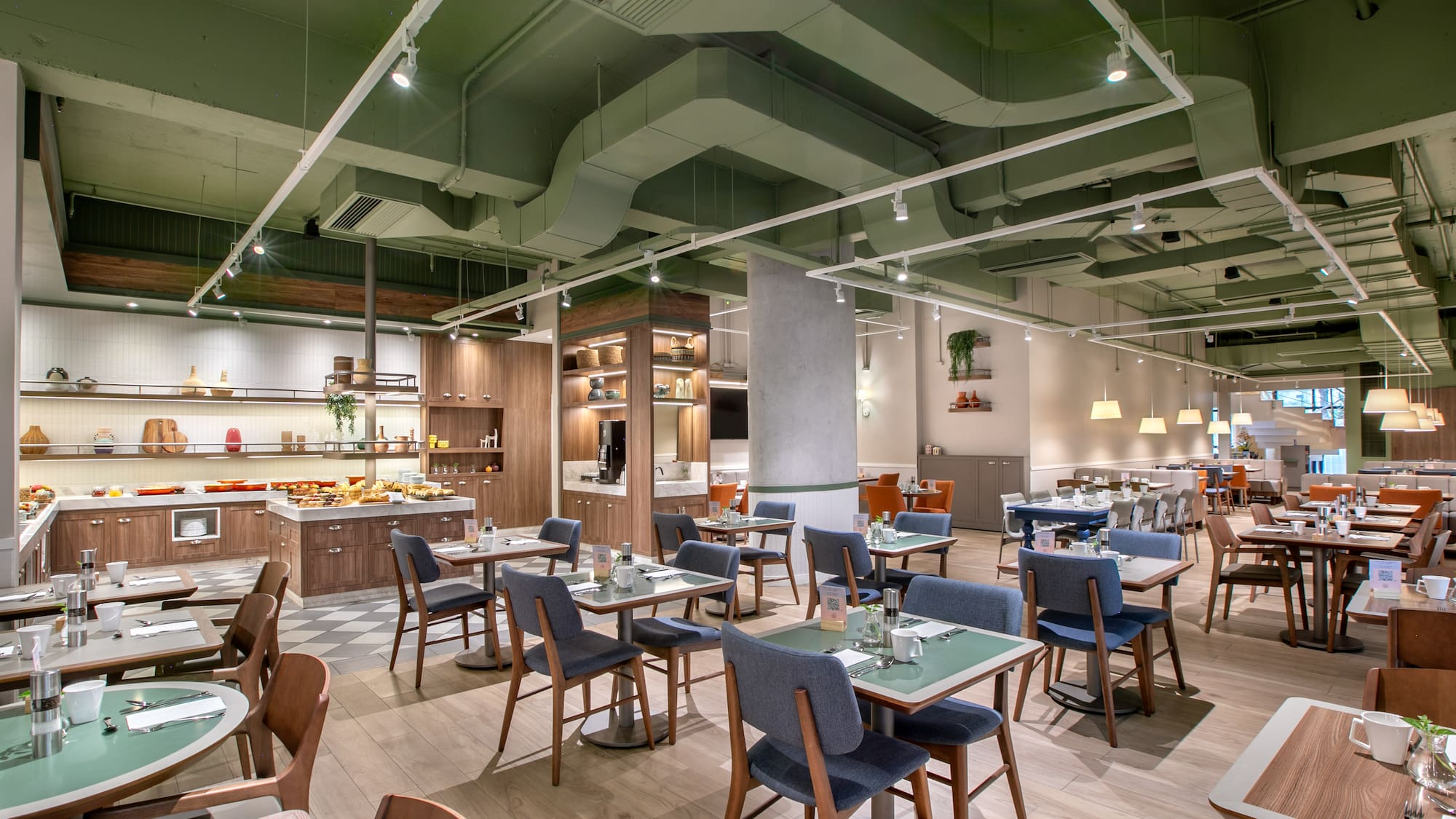 a room with tables and chairs