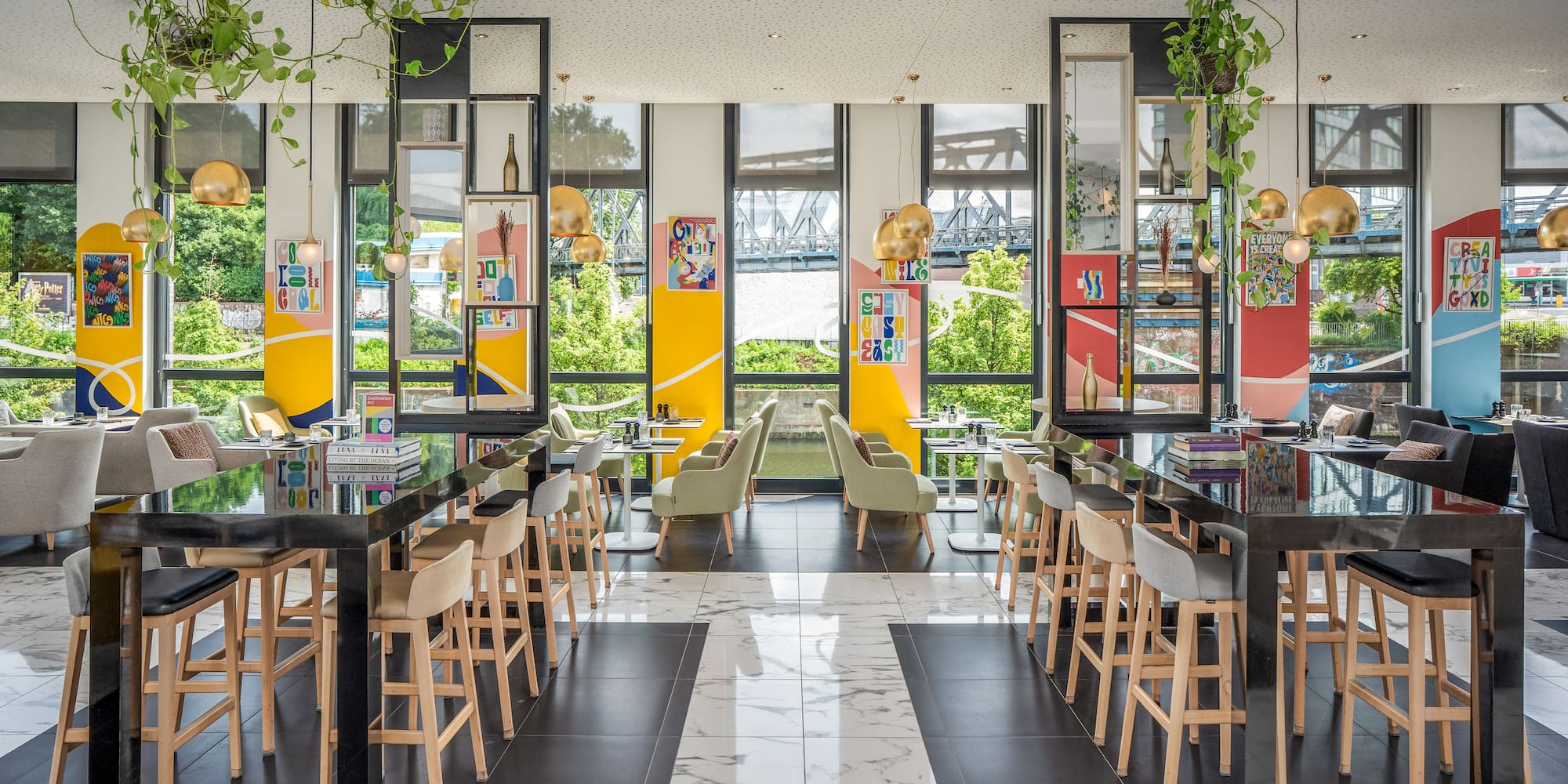 a room with tables and chairs