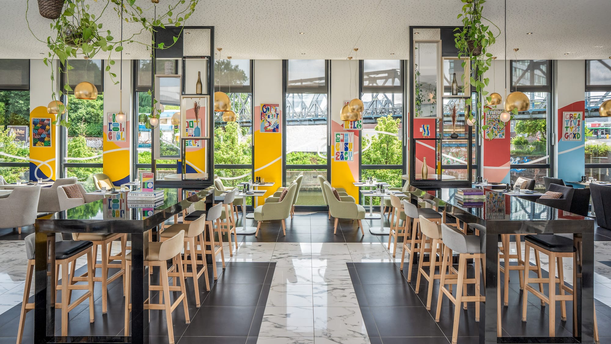 a room with tables and chairs