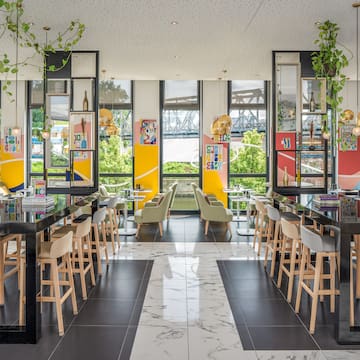 a room with tables and chairs