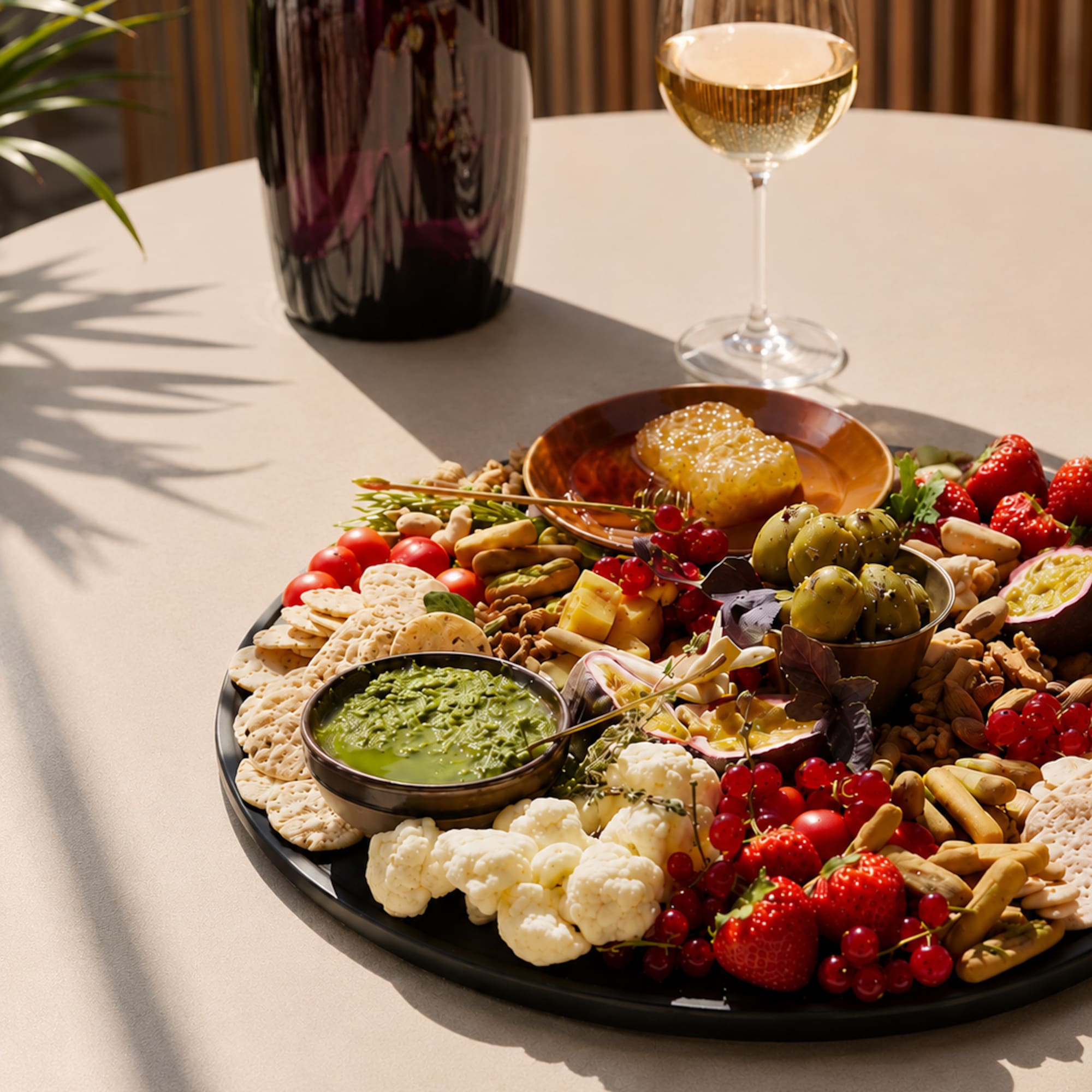 Gourmet grazing board with fruit, cheese, pesto, crackers, and white wine.