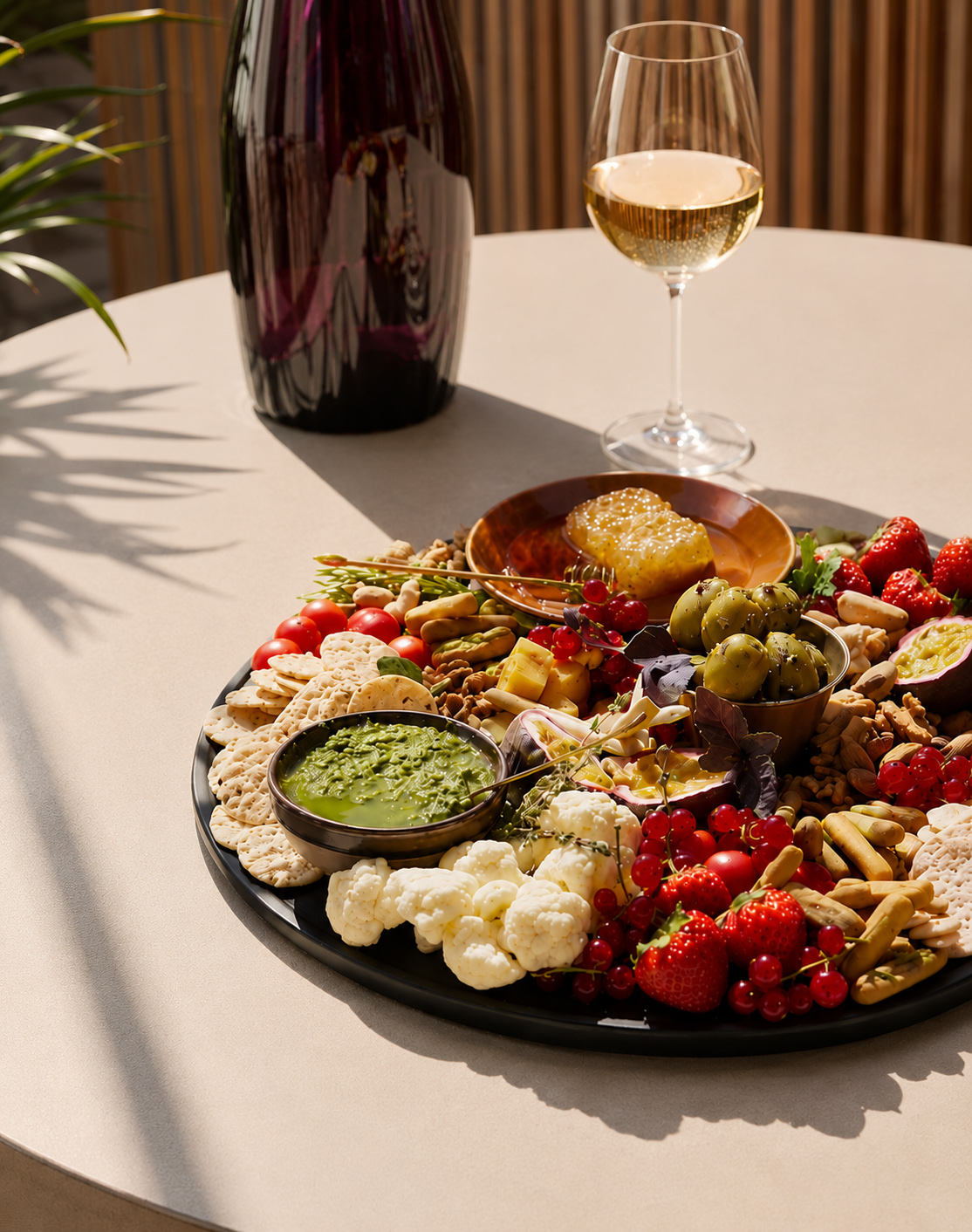 Gourmet grazing board with fruit, cheese, pesto, crackers, and white wine.