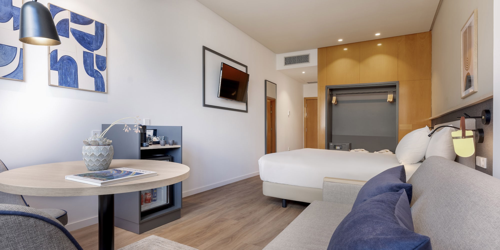 a room with a bed and a table