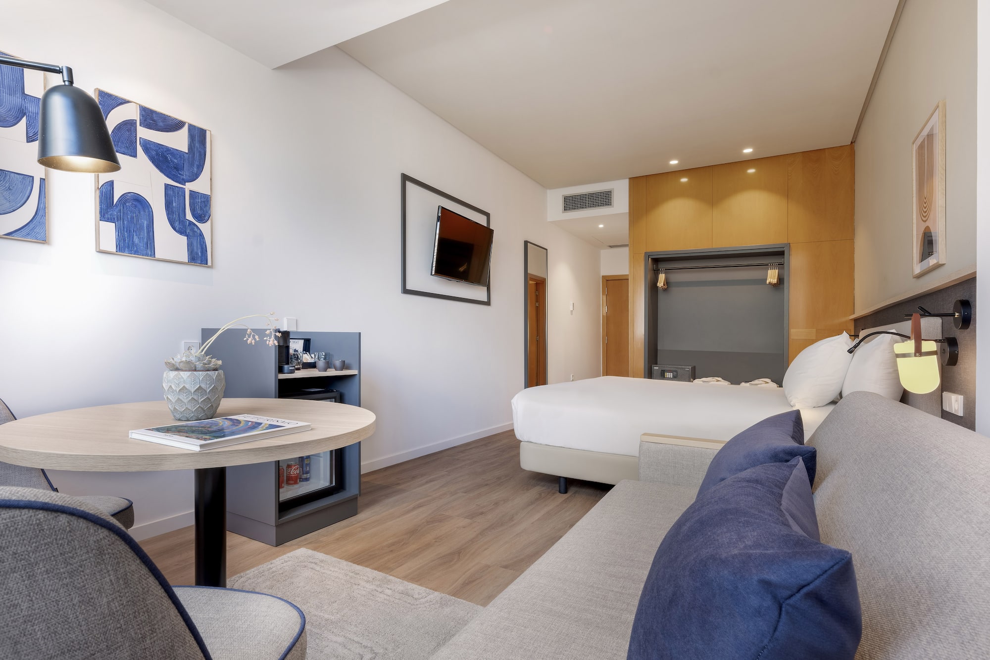 a room with a bed and a table