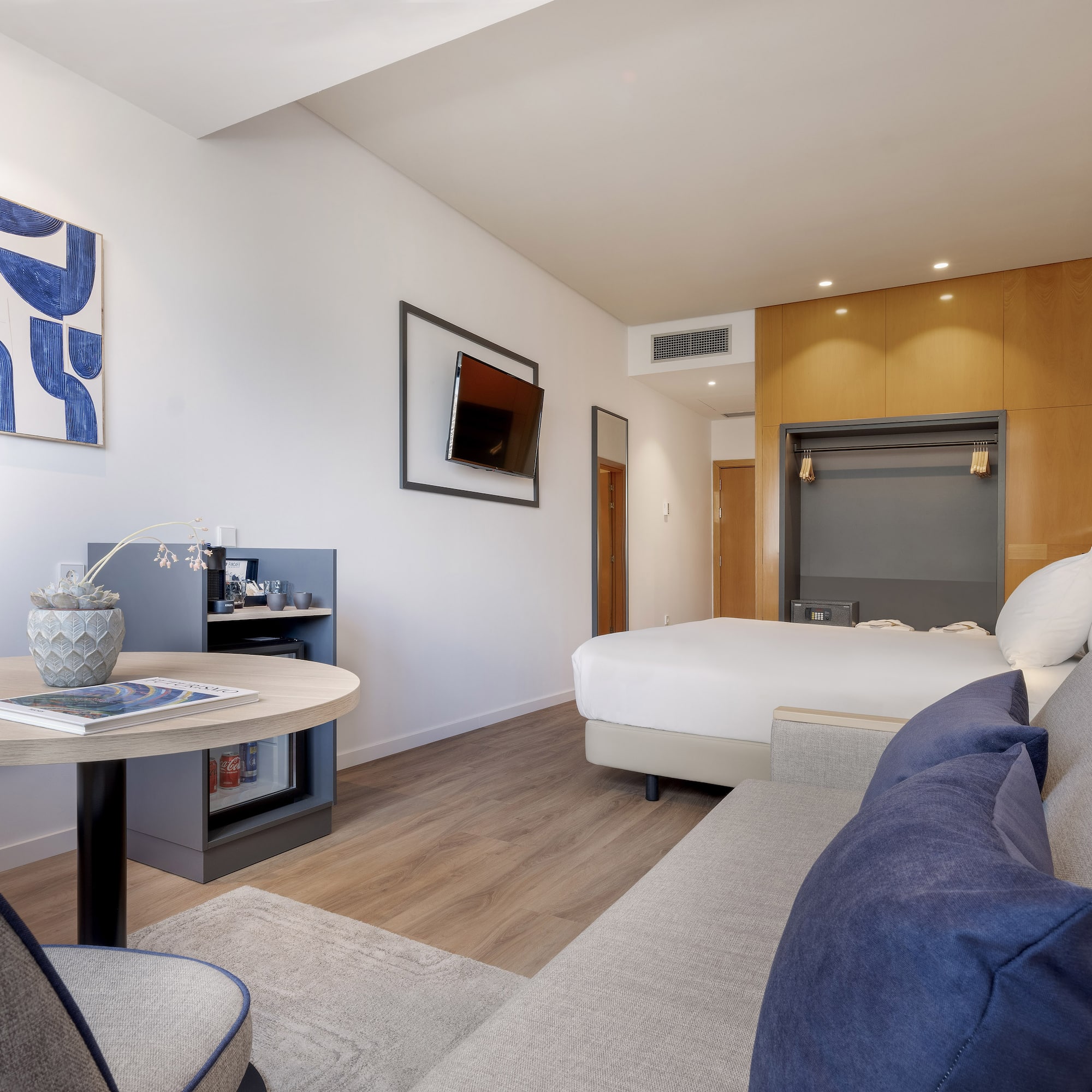 a room with a bed and a table