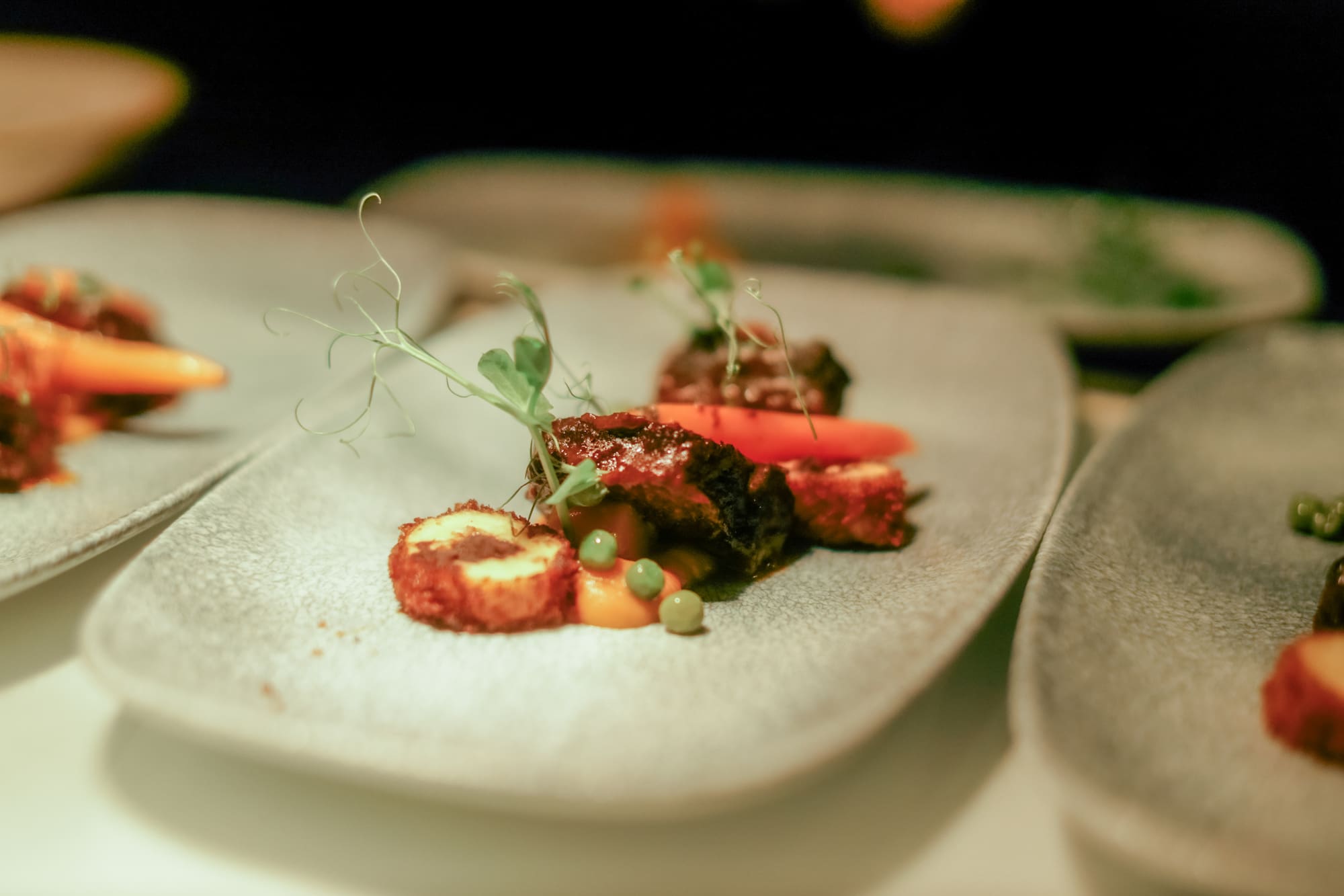 Plato de alta cocina con carne glaseada, zanahorias y brotes.