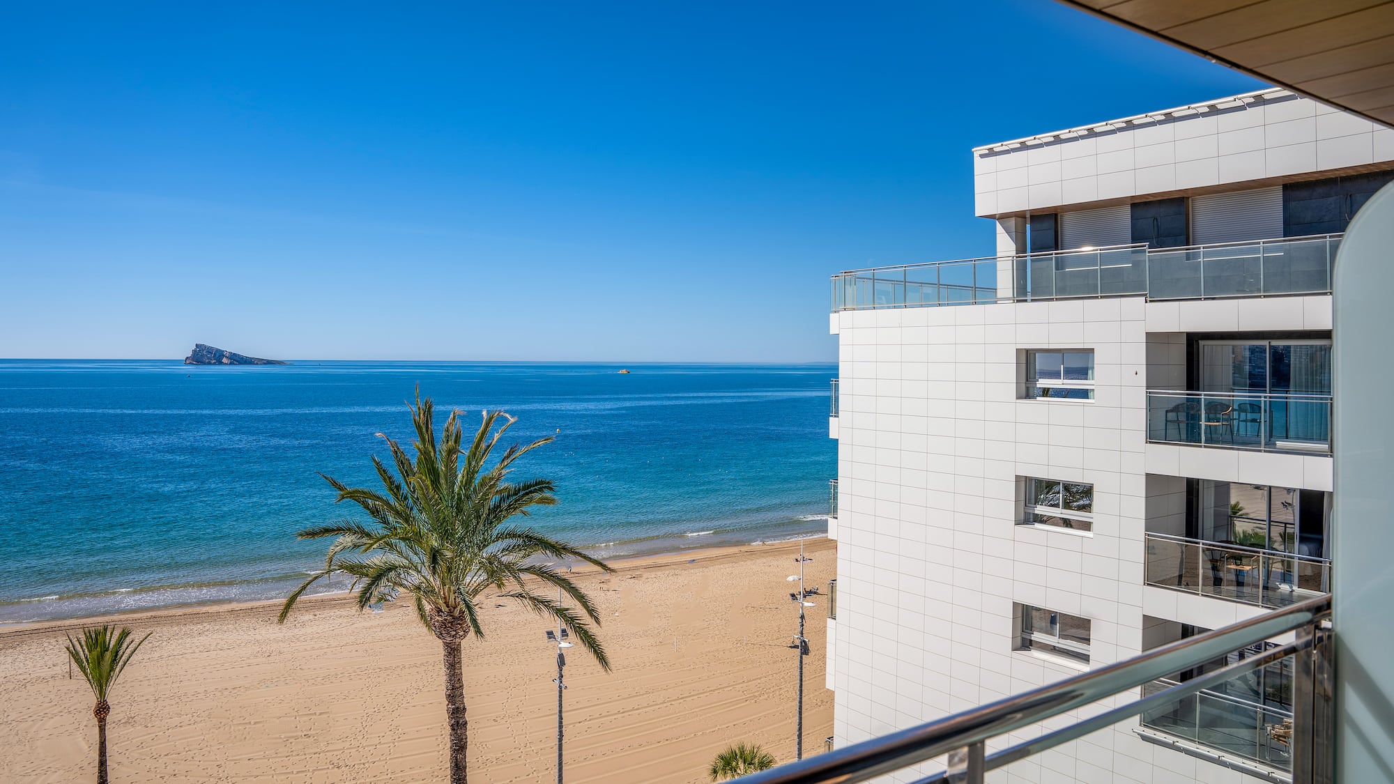 a beach with palm trees and a building