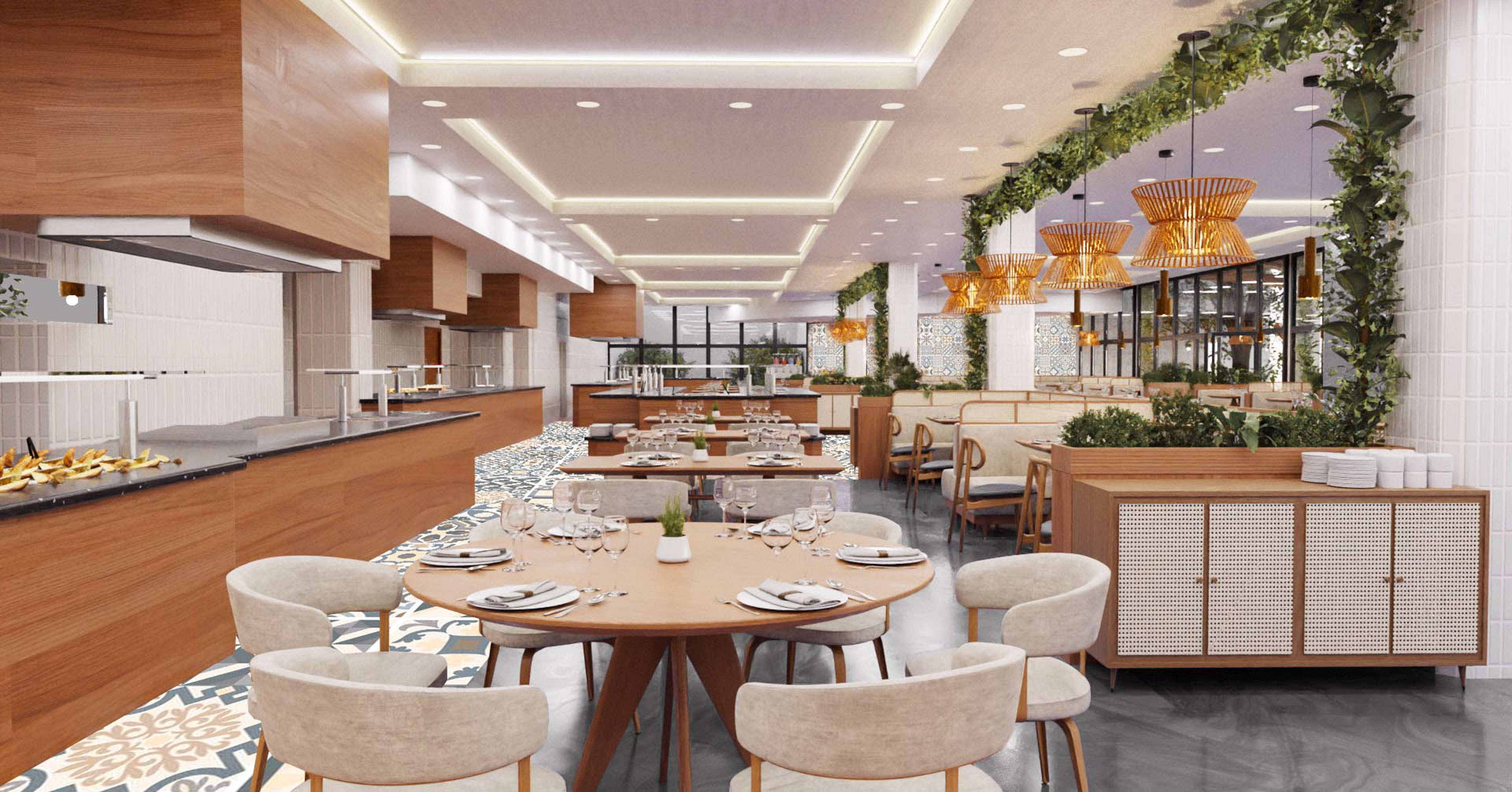 a restaurant with tables and chairs