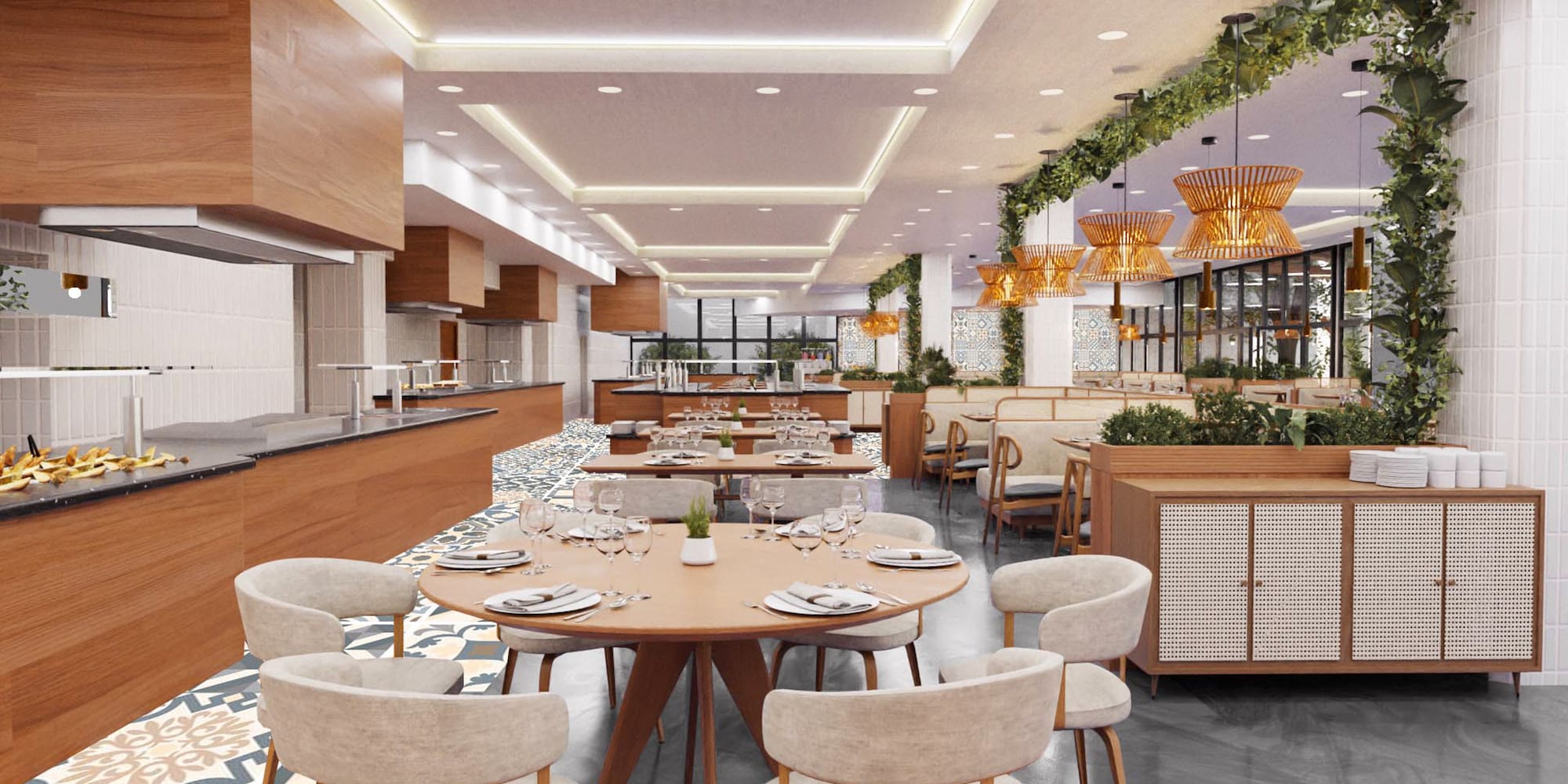 a restaurant with tables and chairs