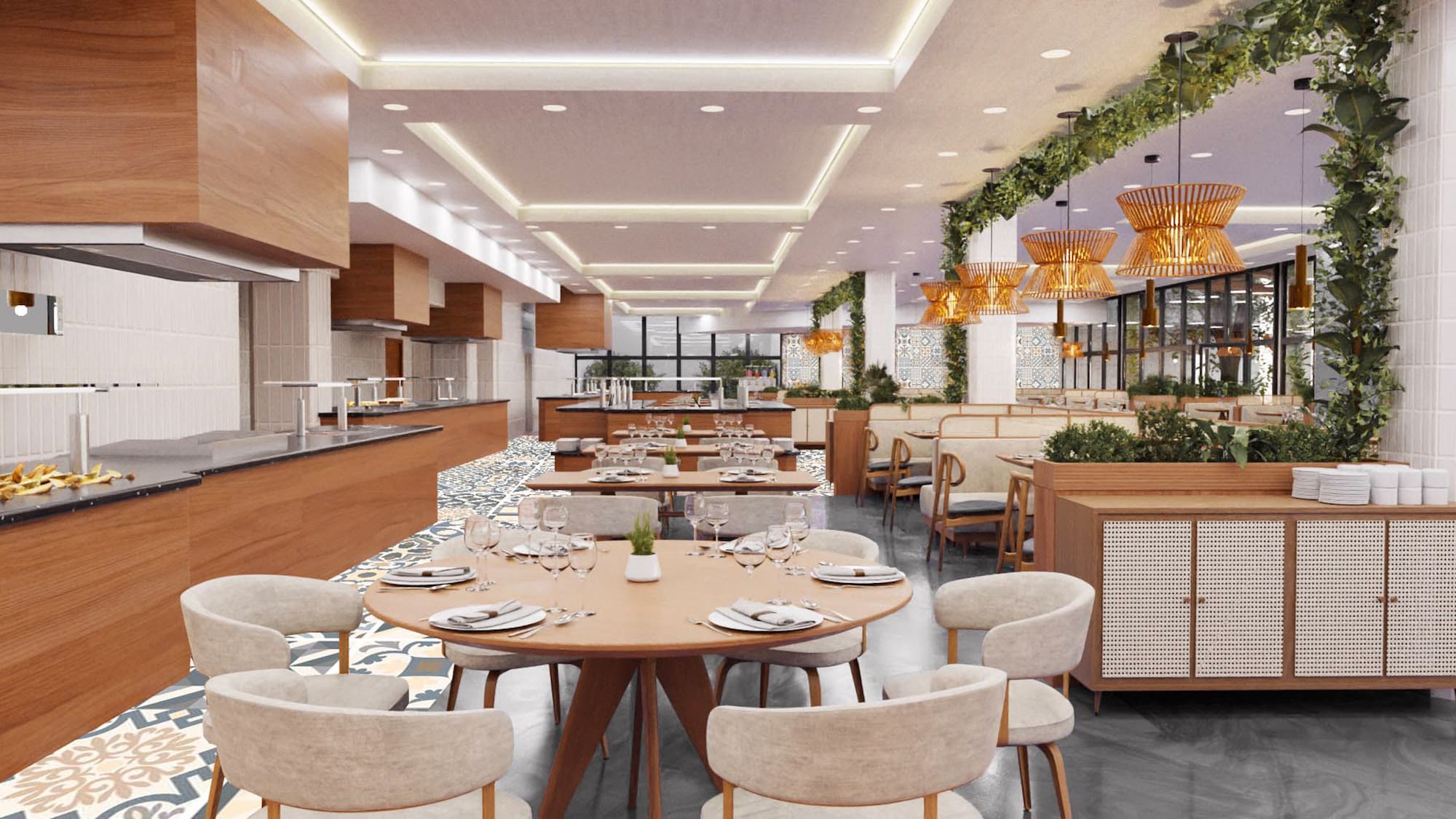 a restaurant with tables and chairs