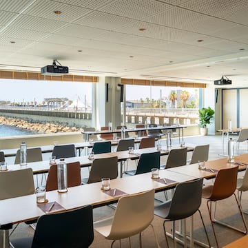 a room with tables and chairs