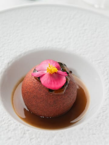 a round brown object with a pink flower on top