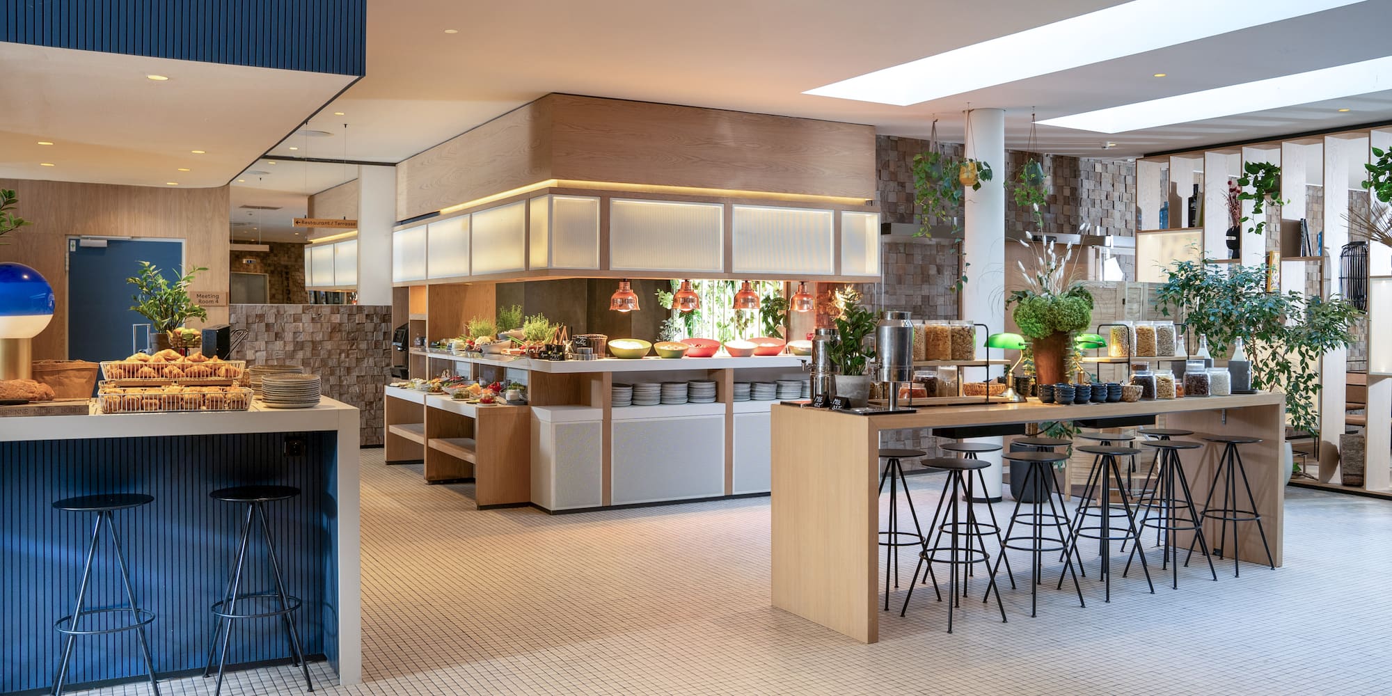 a restaurant with a buffet and a counter