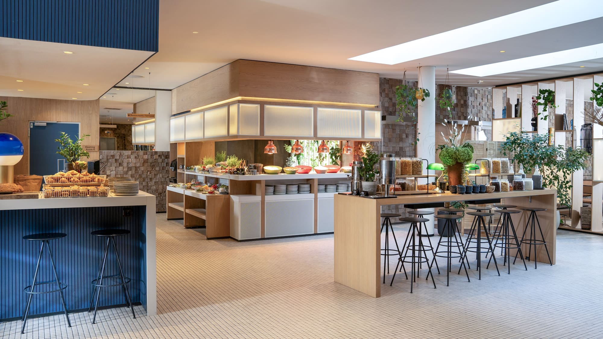 a restaurant with a buffet and a counter