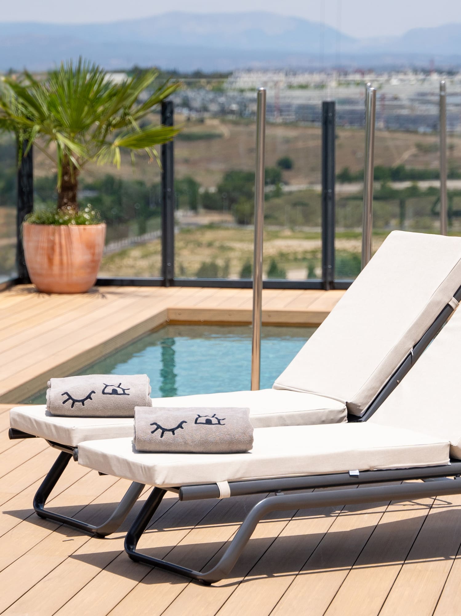 Luxury hotel rooftop with lounge chairs, plunge pool, and scenic mountain landscape.