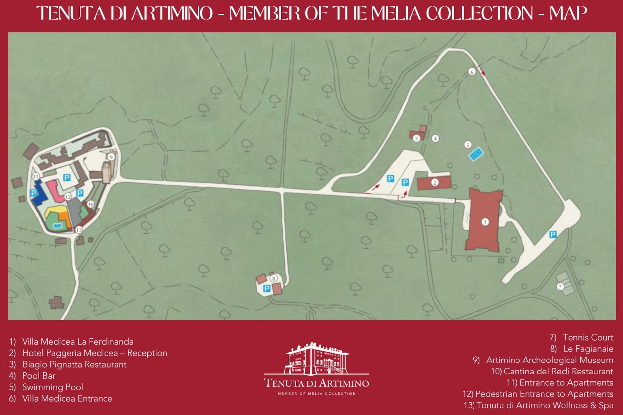 Tenuta di Artimino map: Villa Medicea, hotel, restaurants, pool, and spa facilities.