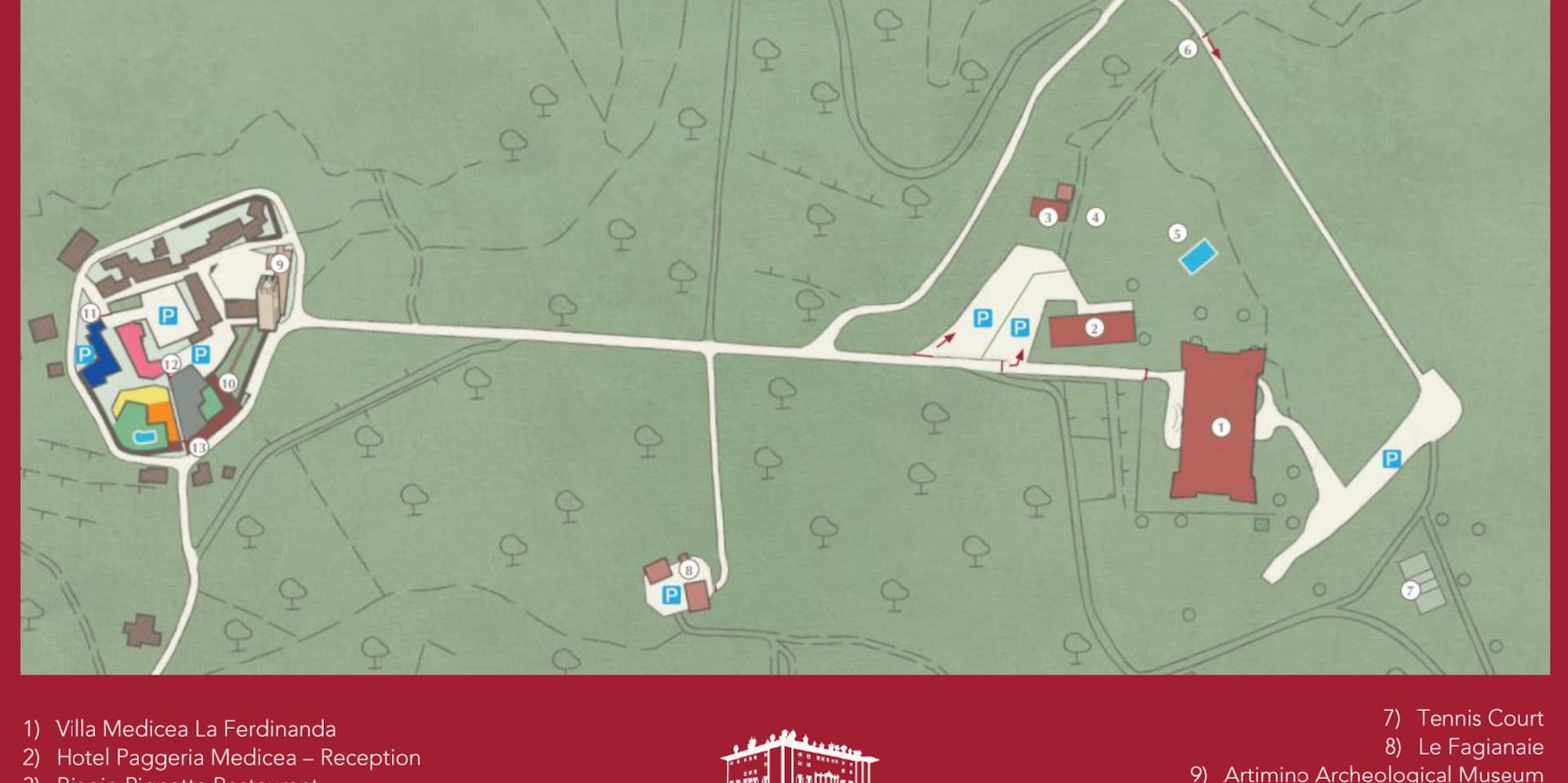 Tenuta di Artimino resort map, Melia Collection. Shows villa, hotel, spa, museum.