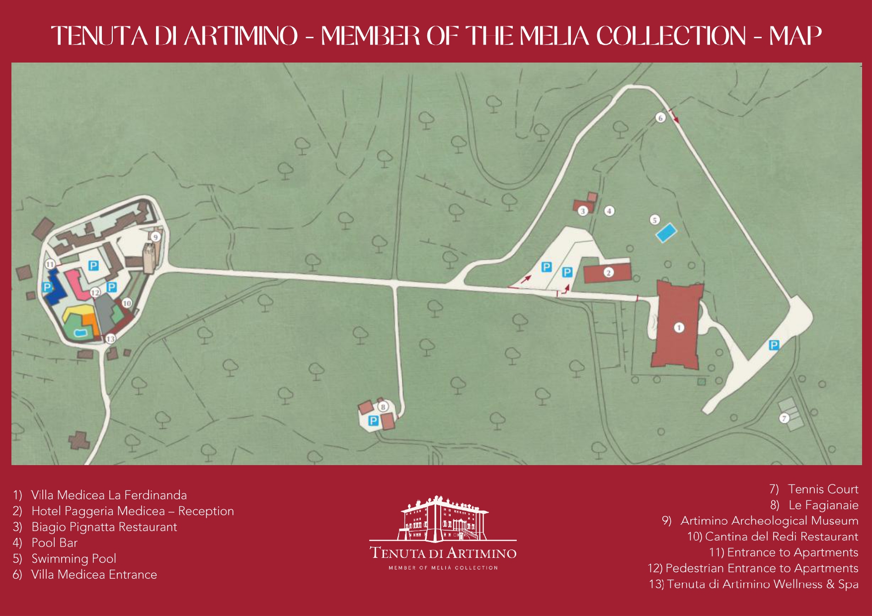 Tenuta di Artimino map: Villa Medicea, hotel, restaurants, pool, and spa facilities.