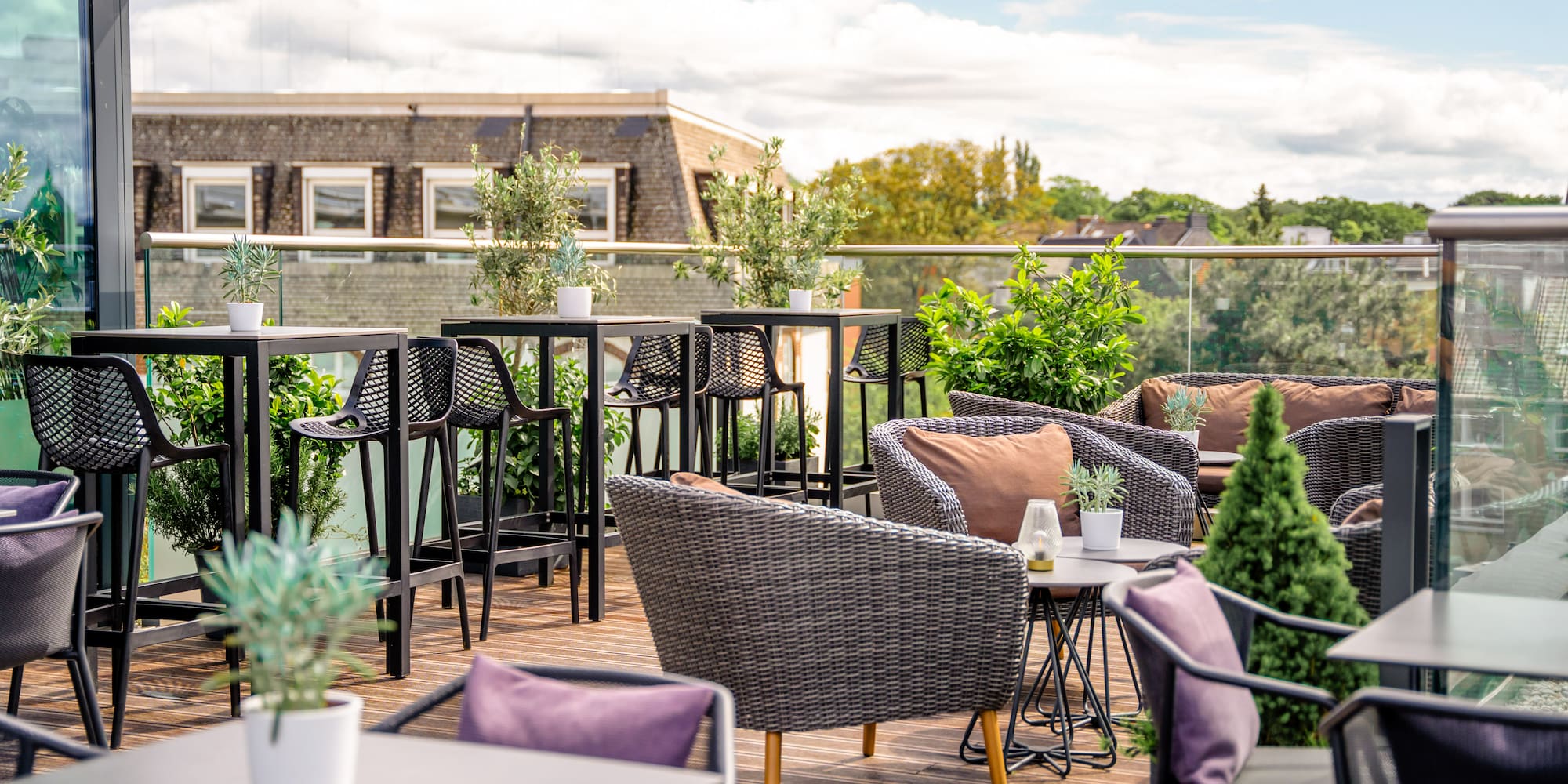 a patio with chairs and tables