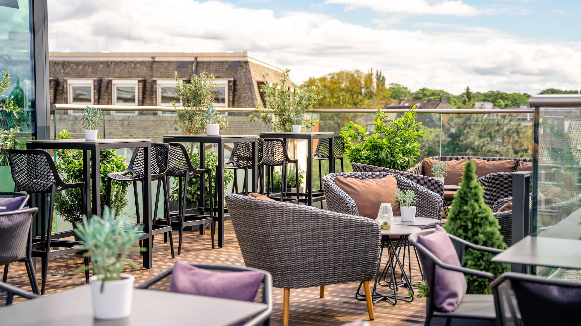 a patio with chairs and tables