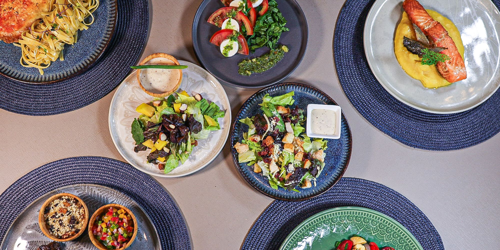a table with plates of food