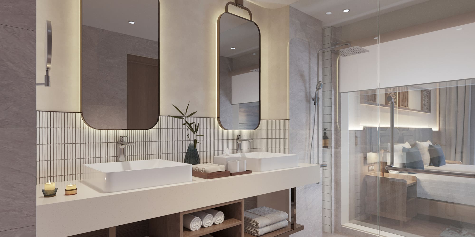 a bathroom with a double sink and mirror