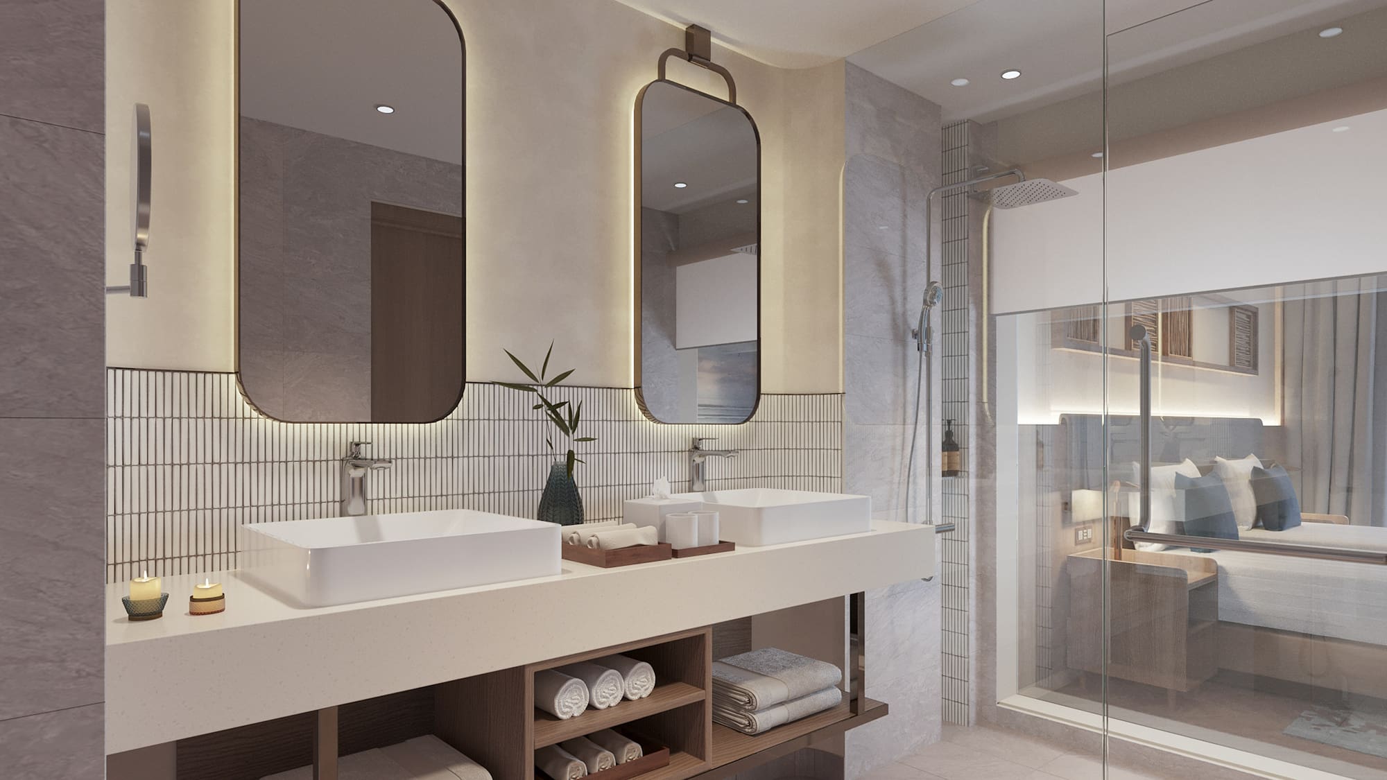 a bathroom with a double sink and mirror