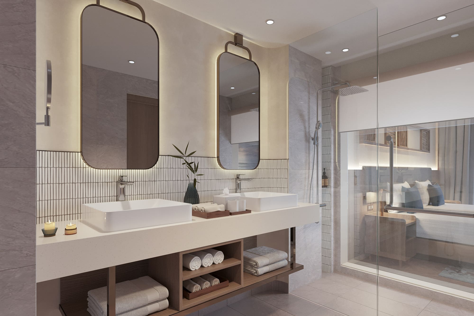 a bathroom with a double sink and mirror