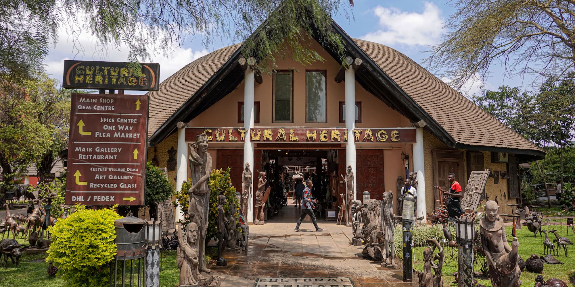 a building with statues in front of it