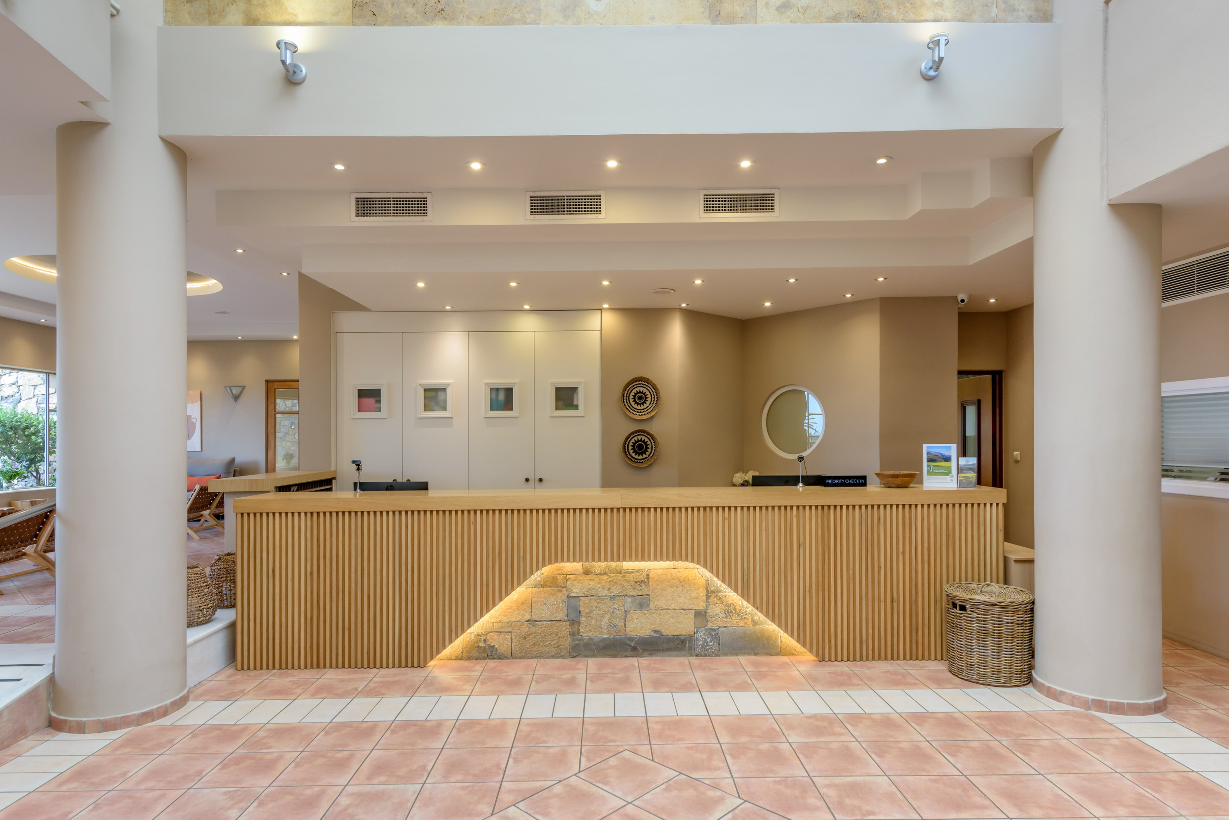 a reception desk in a hotel