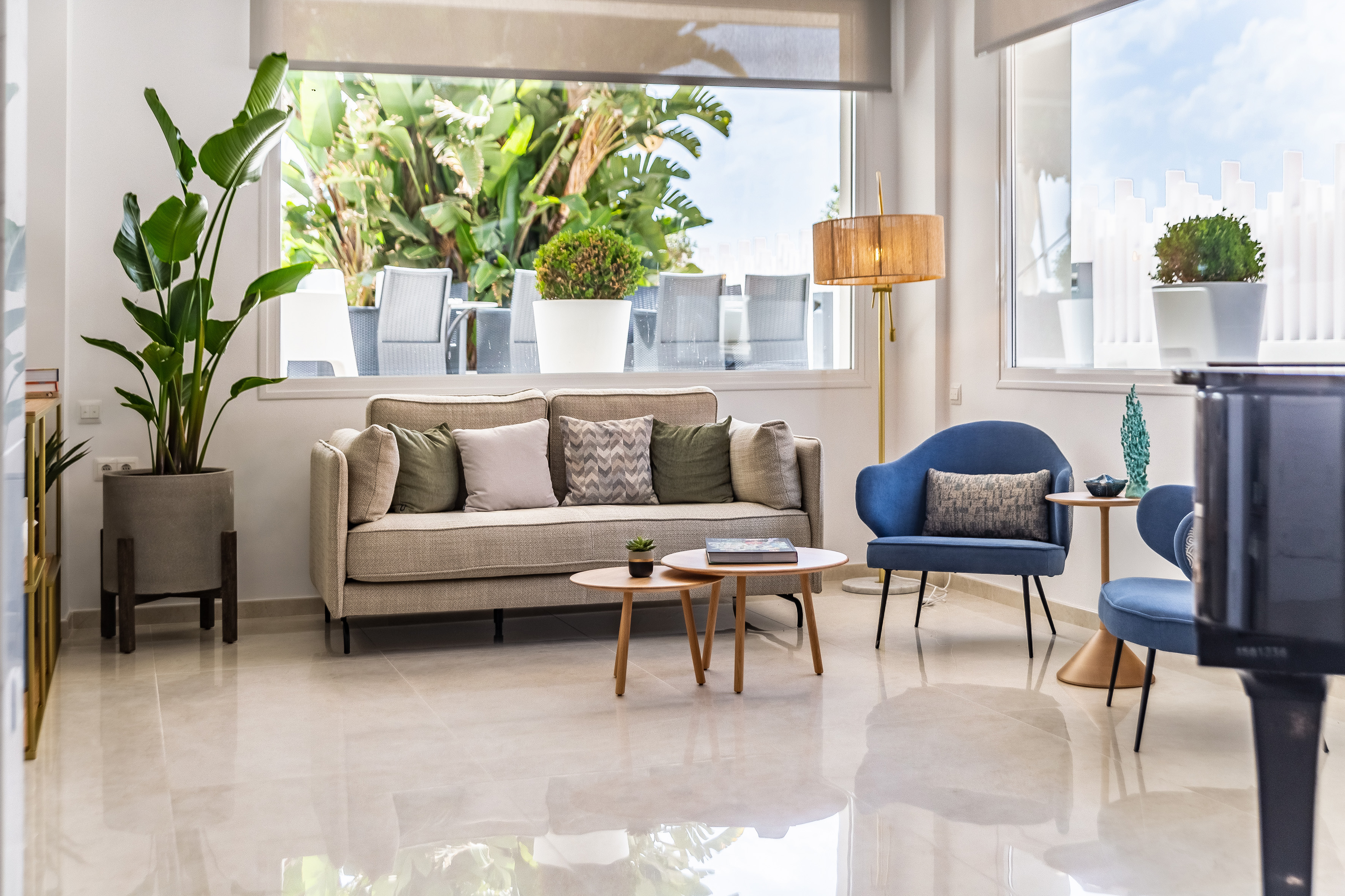 Modern living room with sofa, blue chairs, coffee tables, and lush tropical plants.