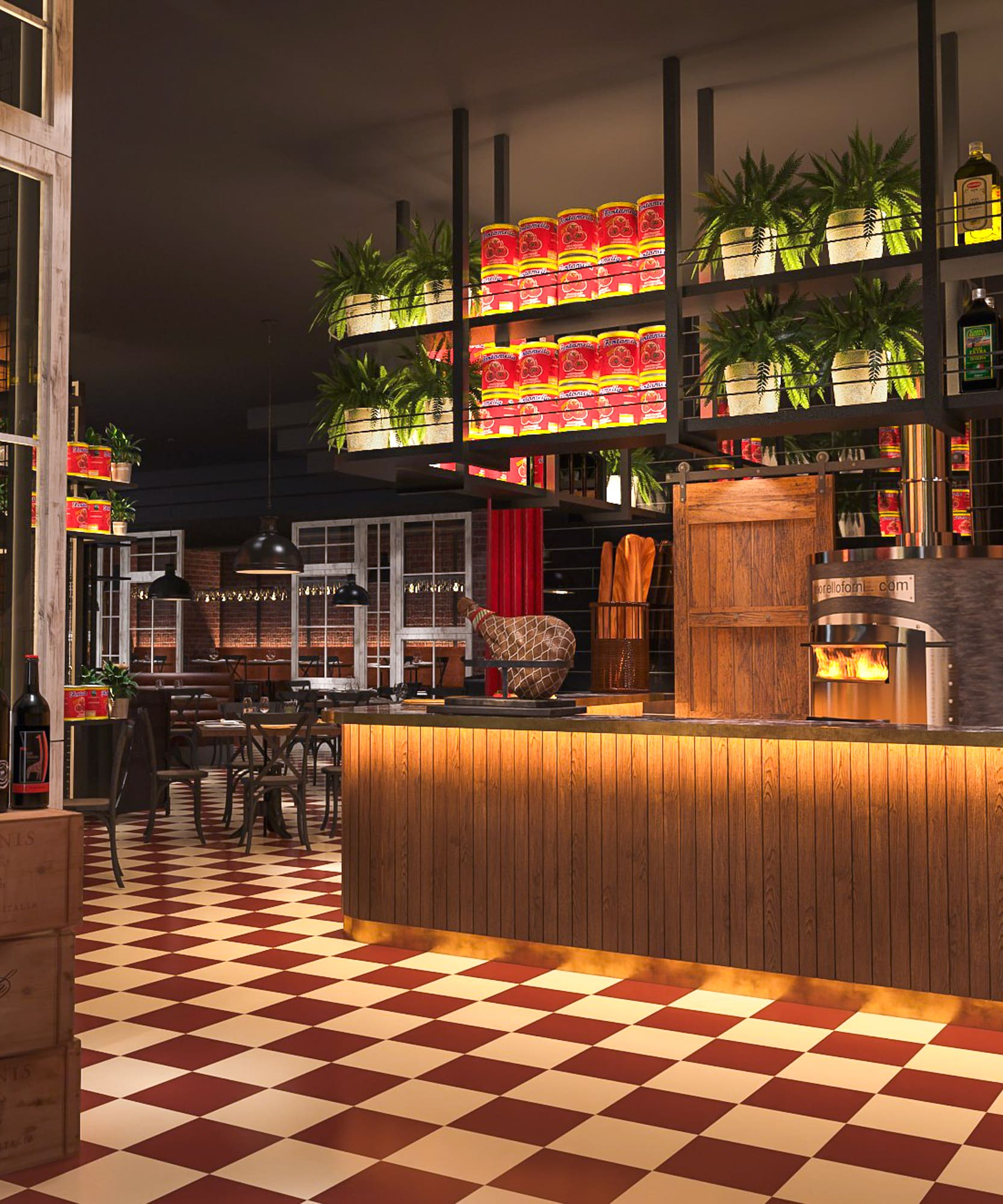 a room with a checkered floor and a bar with shelves of wine bottles