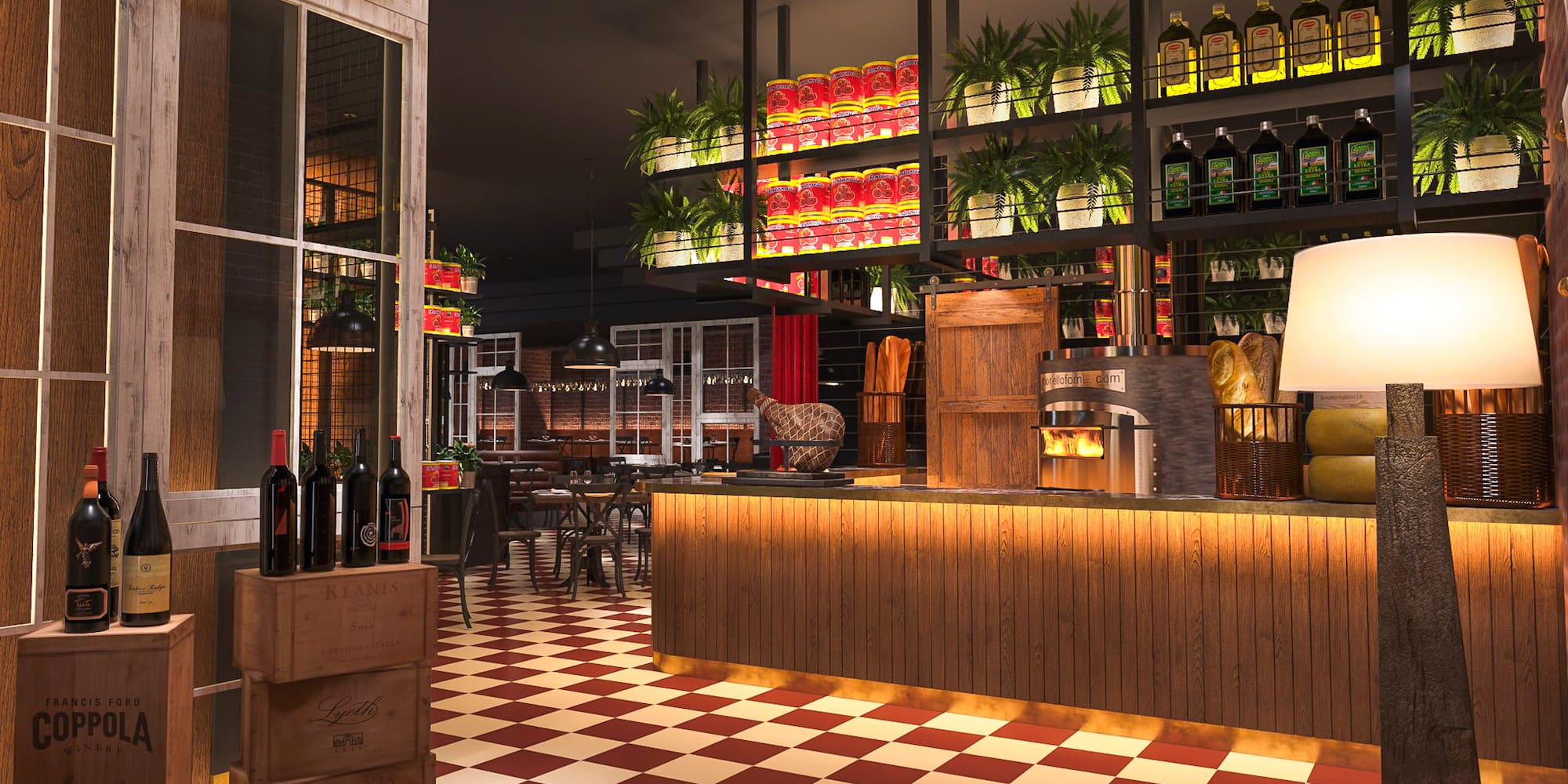 a room with a checkered floor and a bar with shelves of wine bottles