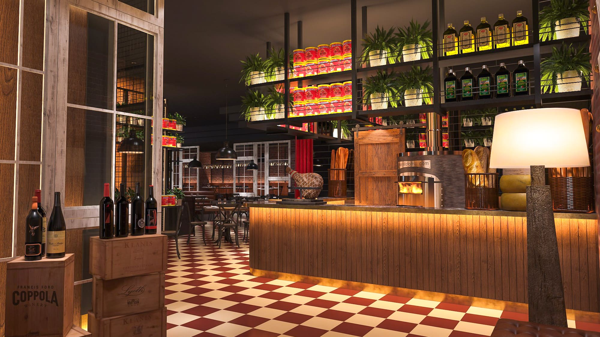 a room with a checkered floor and a bar with shelves of wine bottles