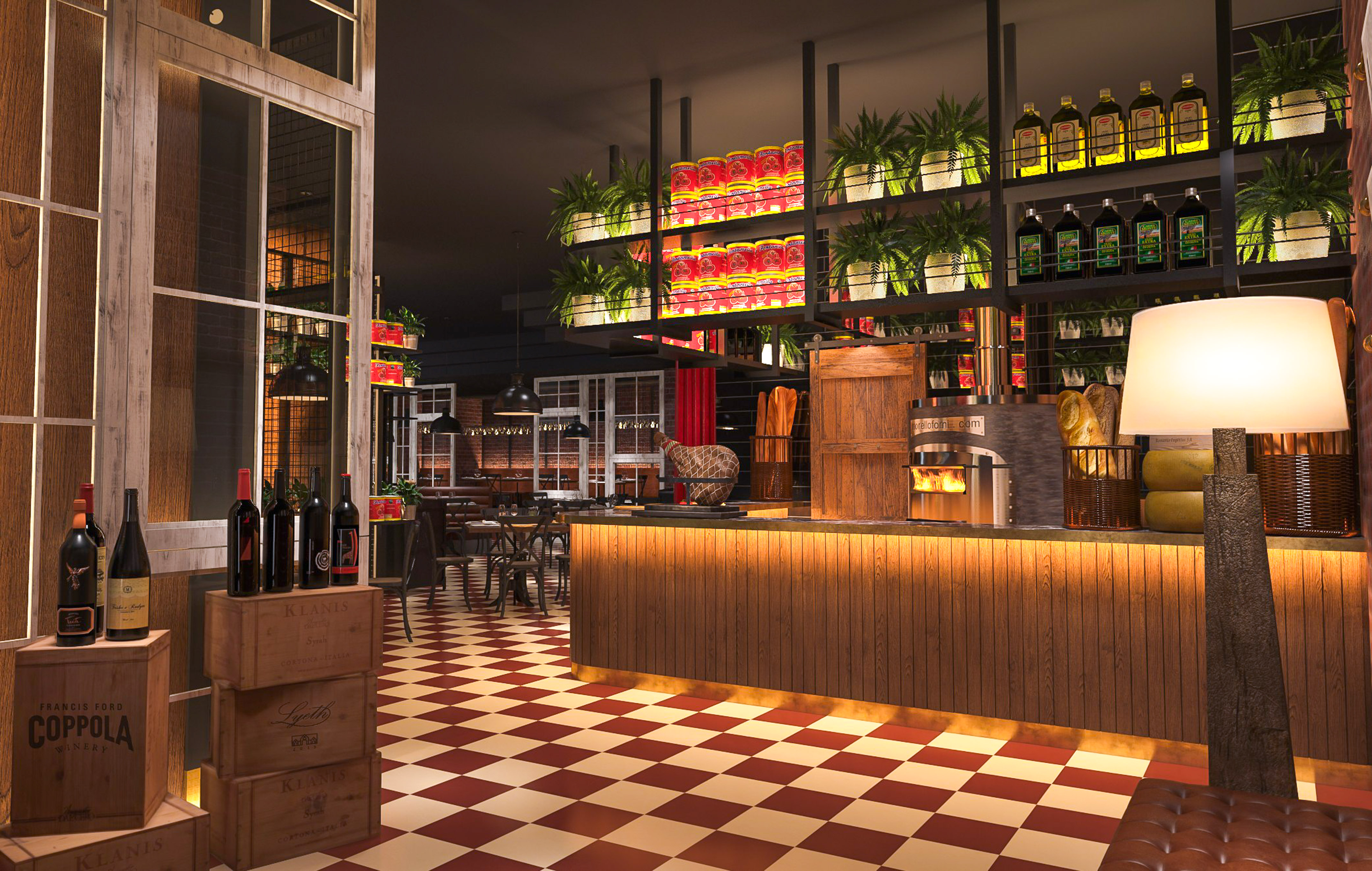 a room with a checkered floor and a bar with shelves of wine bottles