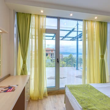 a bedroom with a bed and a desk and glass doors