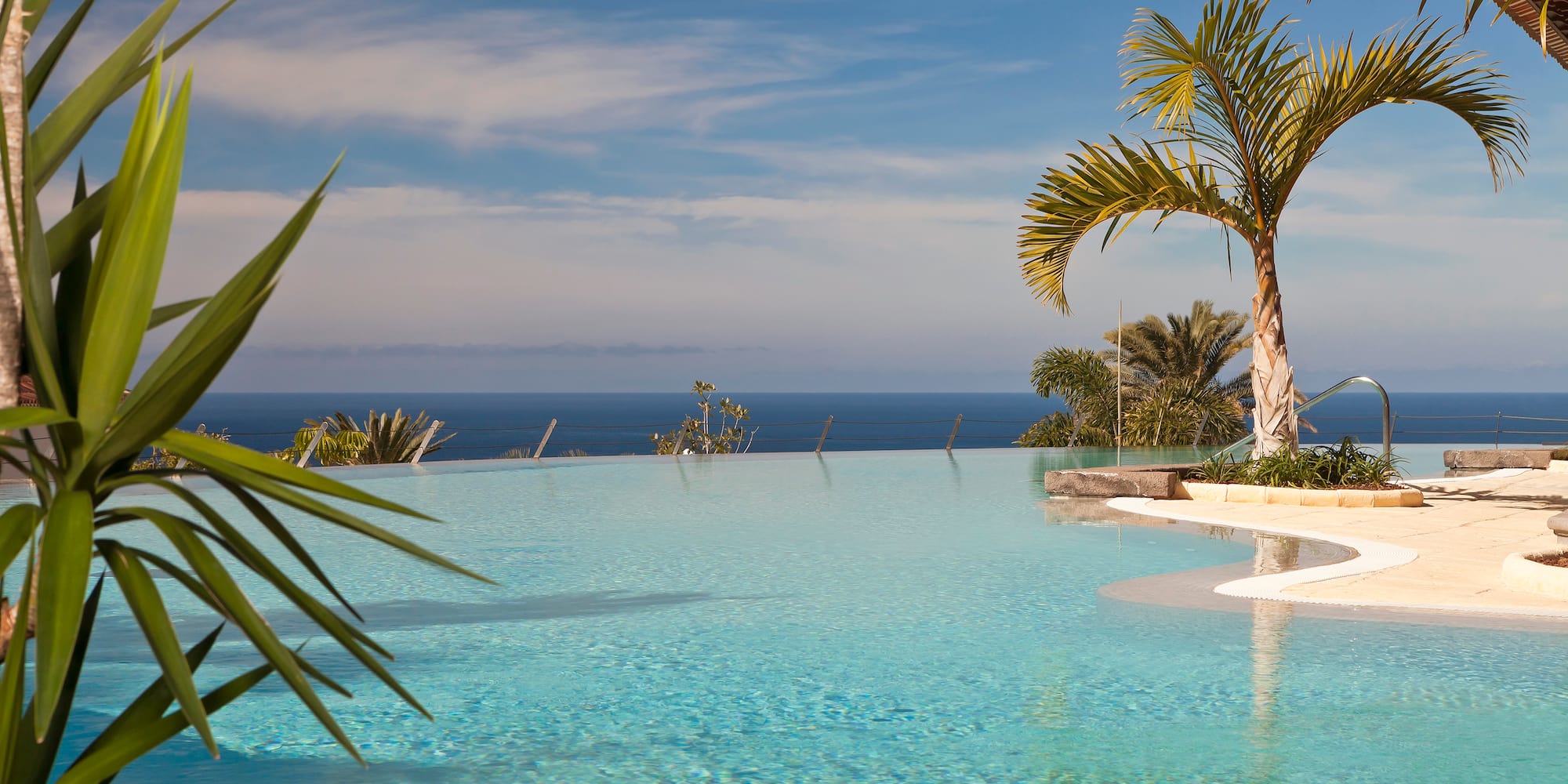 a pool with palm trees and a bar