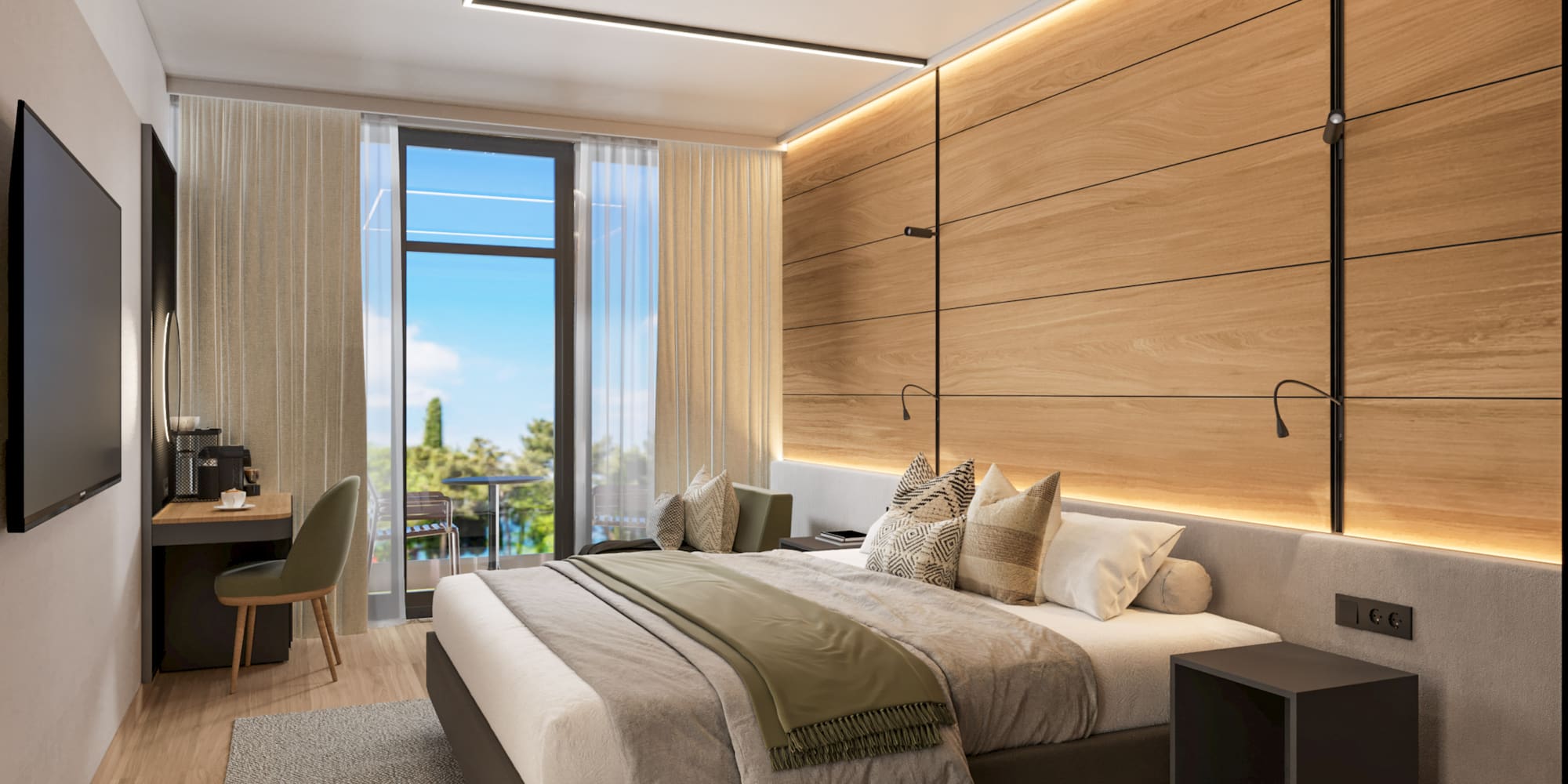 a bedroom with a bed and desk