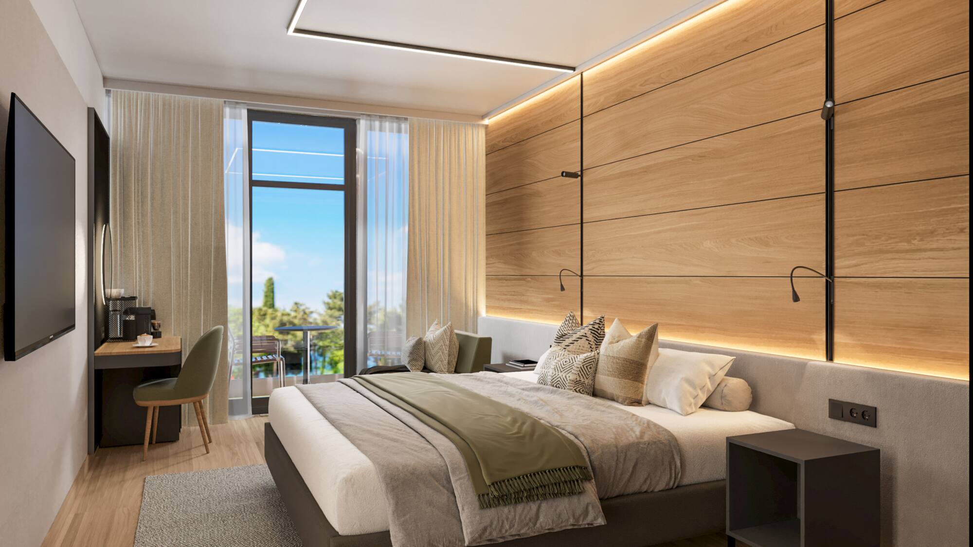 a bedroom with a bed and desk